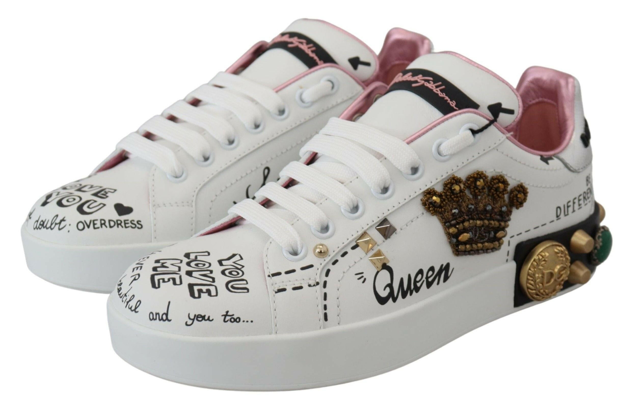 Dolce & Gabbana White Leather Crystal Queen Crown Sneakers Shoes -   -  Dolce & Gabbana.