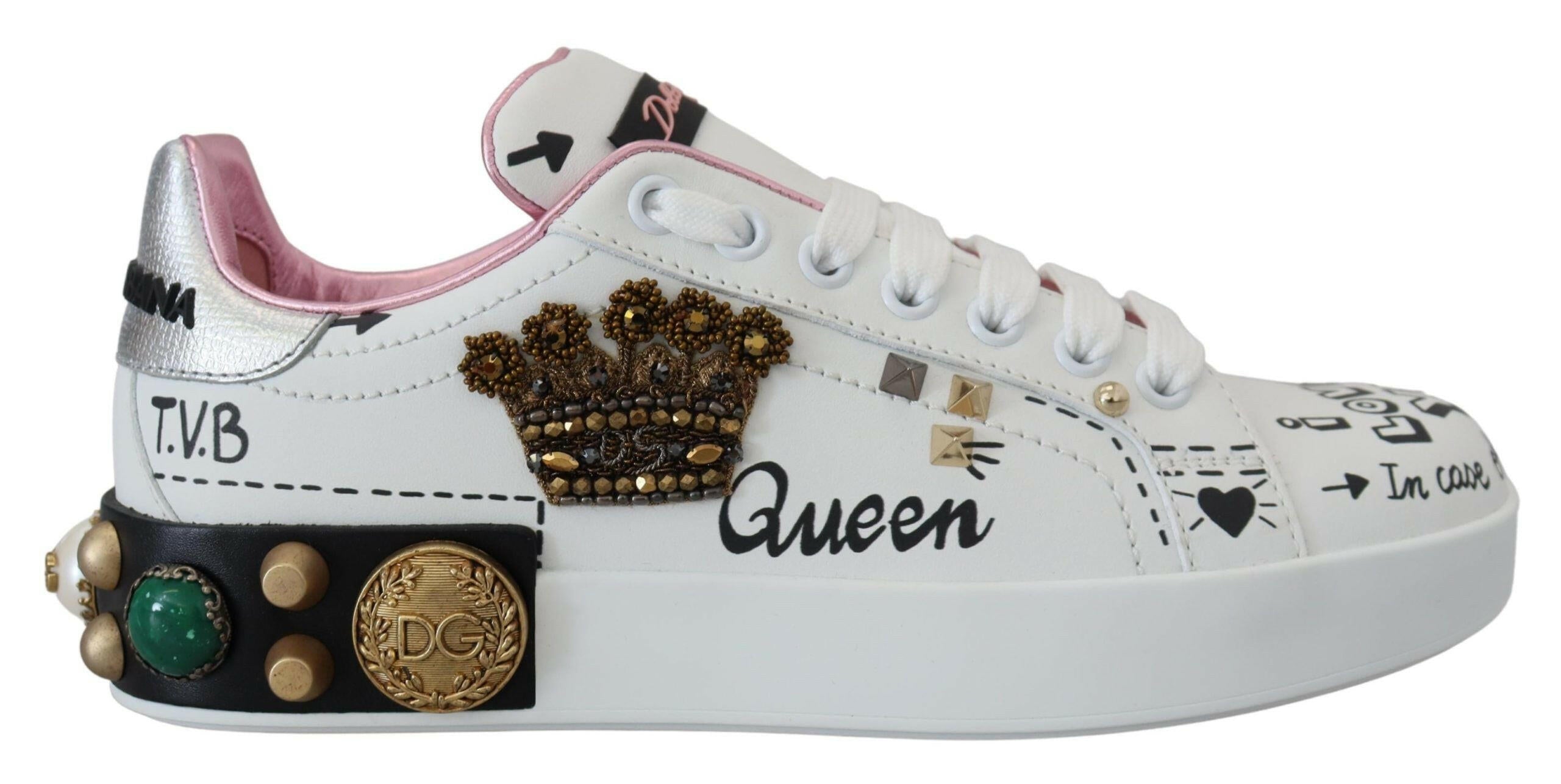 Dolce & Gabbana White Leather Crystal Queen Crown Sneakers Shoes -   -  Dolce & Gabbana.