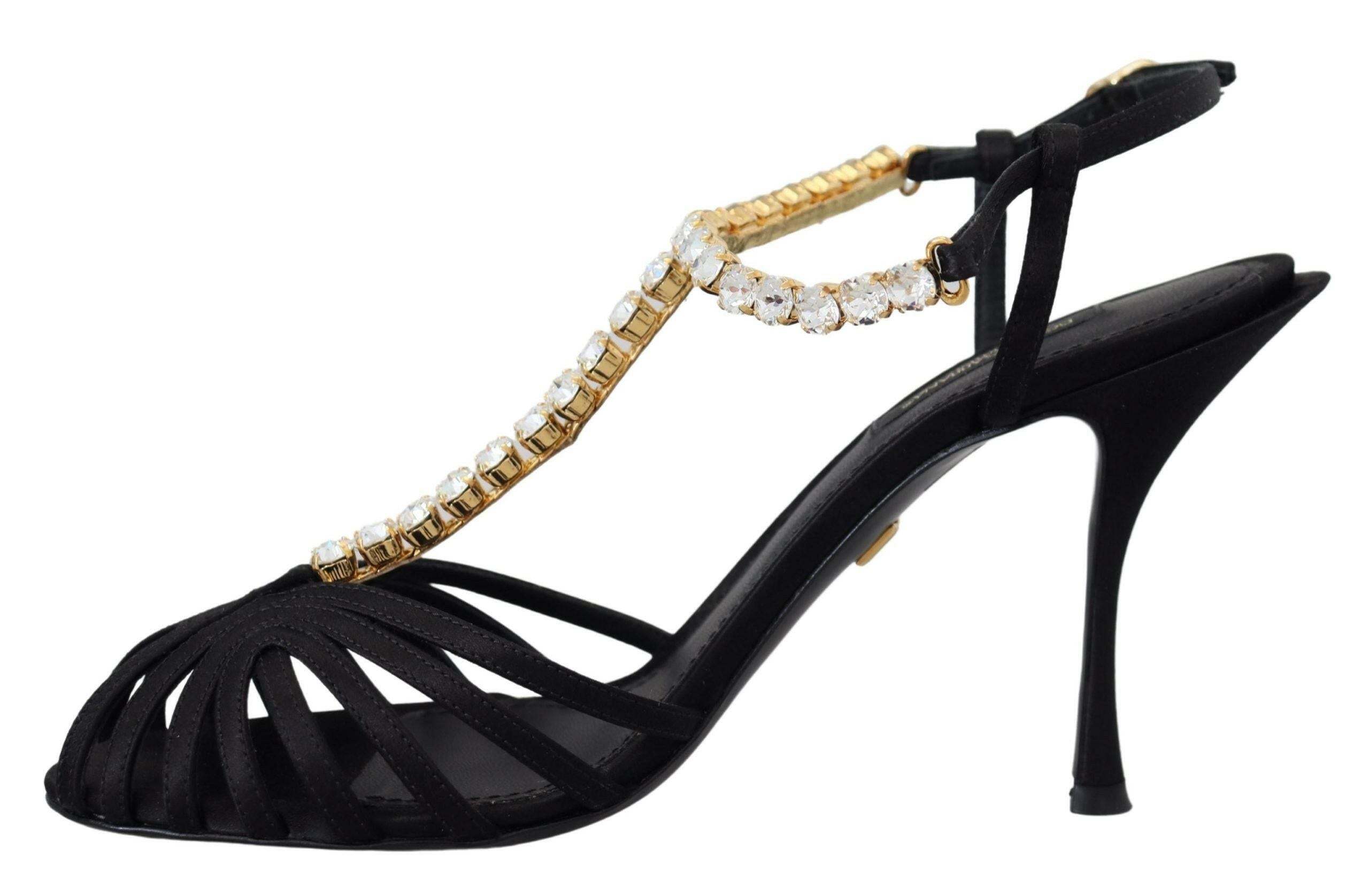 Dolce & Gabbana Black Satin Clear Crystal T-strap Sandal Shoes -   -  Dolce & Gabbana.