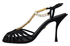 Dolce & Gabbana Black Satin Clear Crystal T-strap Sandal Shoes -   -  Dolce & Gabbana.