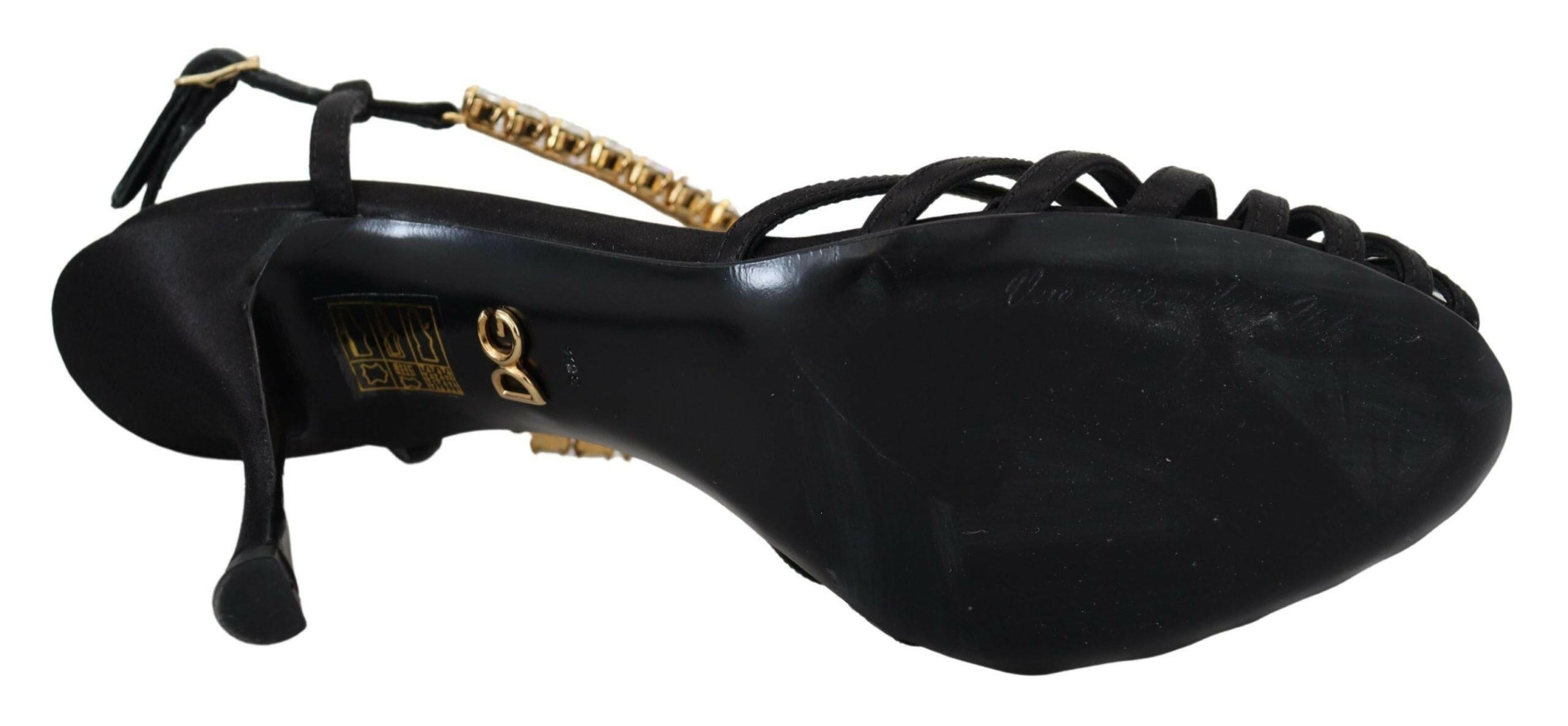 Dolce & Gabbana Black Satin Clear Crystal T-strap Sandal Shoes -   -  Dolce & Gabbana.
