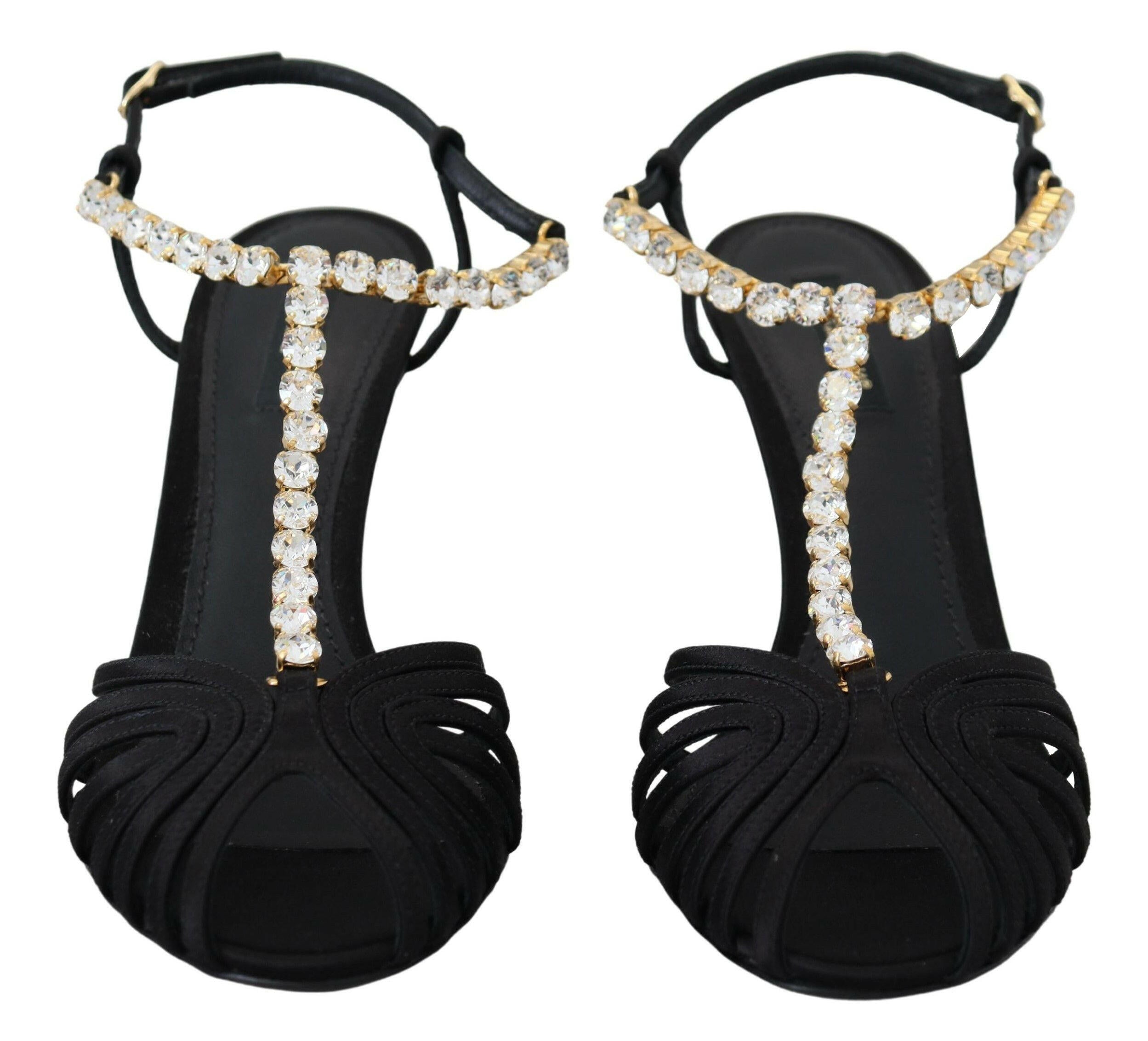 Dolce & Gabbana Black Satin Clear Crystal T-strap Sandal Shoes -   -  Dolce & Gabbana.