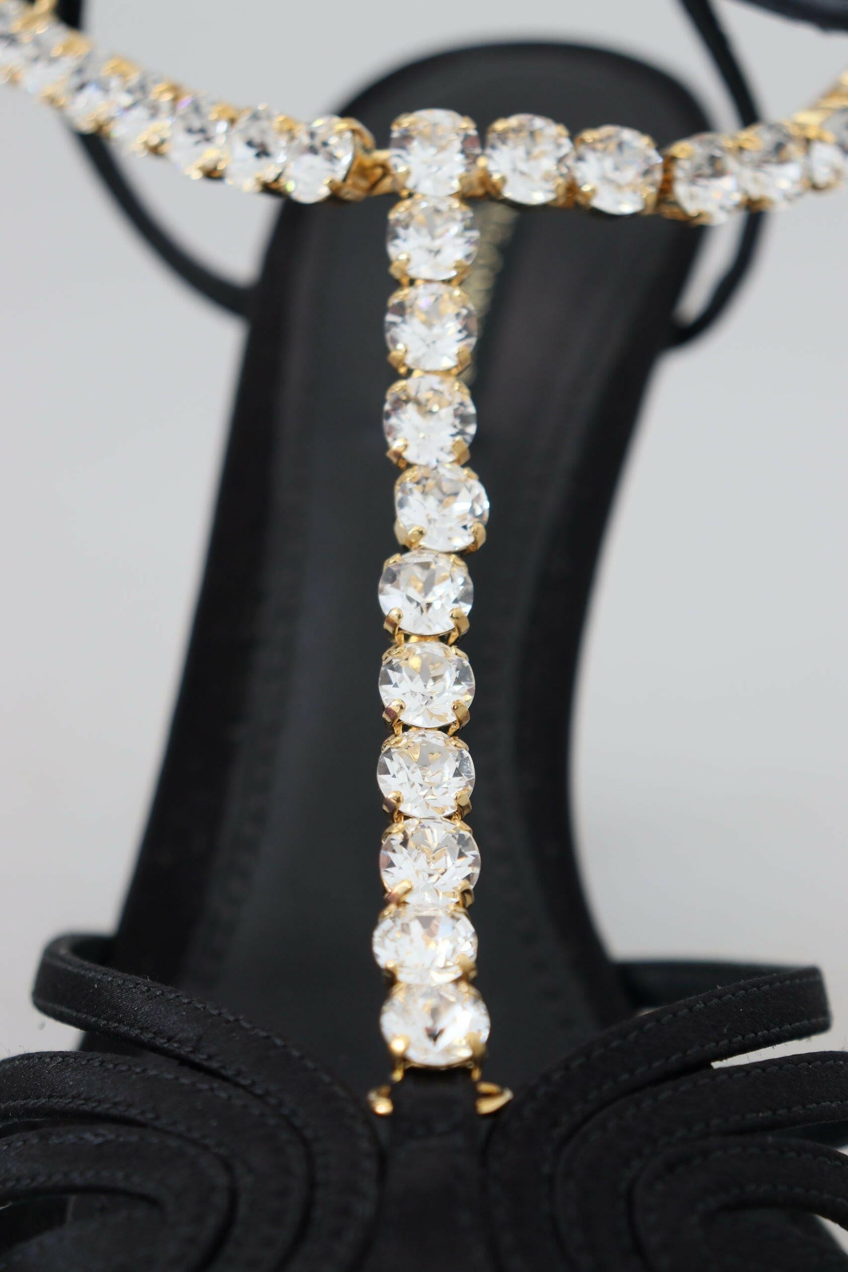 Dolce & Gabbana Black Satin Clear Crystal T-strap Sandal Shoes -   -  Dolce & Gabbana.