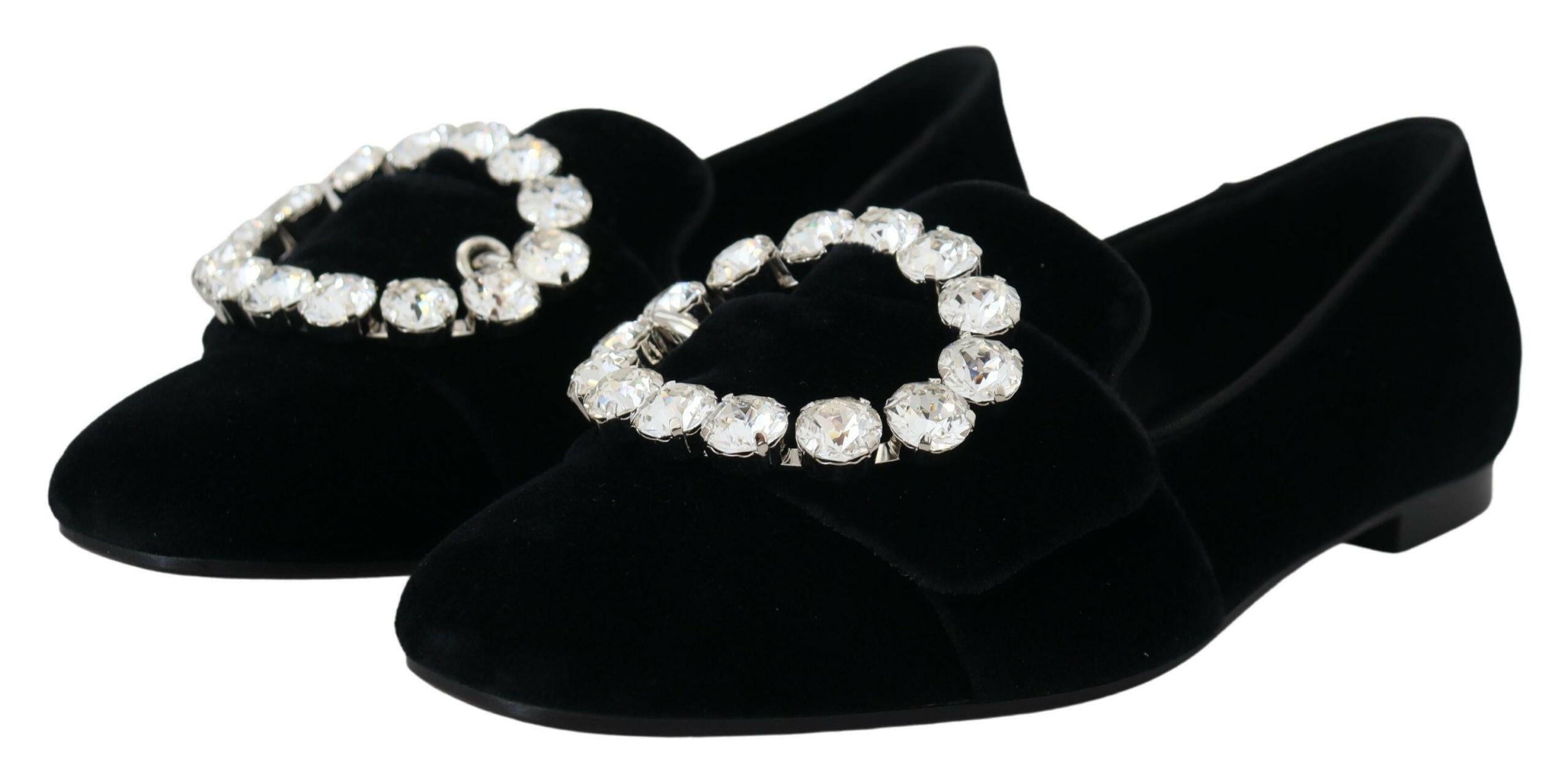 Dolce & Gabbana Black Velvet Crystals Loafers Flats Shoes -   -  Dolce & Gabbana.