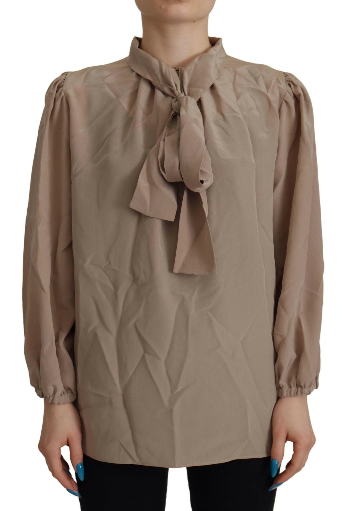 Dolce & Gabbana Brown Waistband Sleeves Ascot Collar Top Blouse -   -  Dolce & Gabbana.
