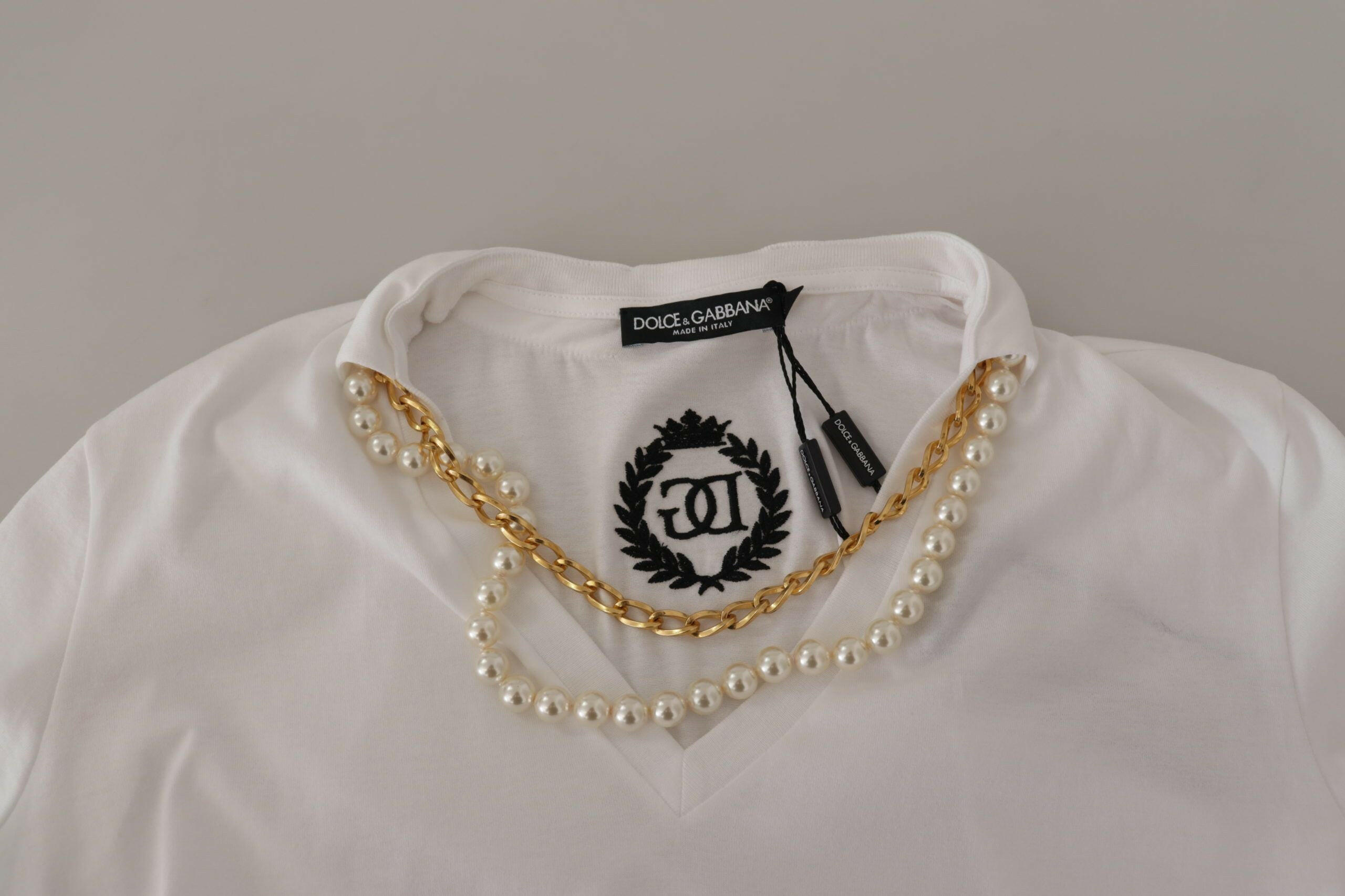 Dolce & Gabbana White Necklace Embellished Neckline T-shirt Top -   -  Dolce & Gabbana.
