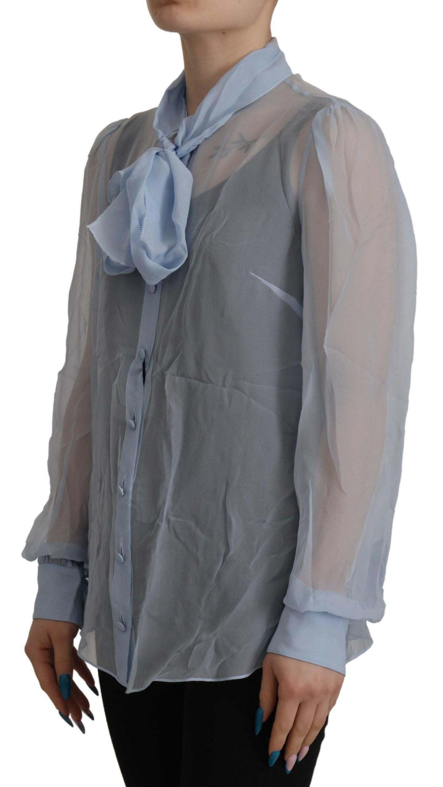 Dolce & Gabbana Light Blue Silk Ascot Collar Long Sleeves Top -   -  Dolce & Gabbana.