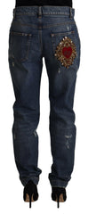 Dolce & Gabbana Blue Denim Baroque Heart Logo Patch Pants Jeans -   -  Dolce & Gabbana.