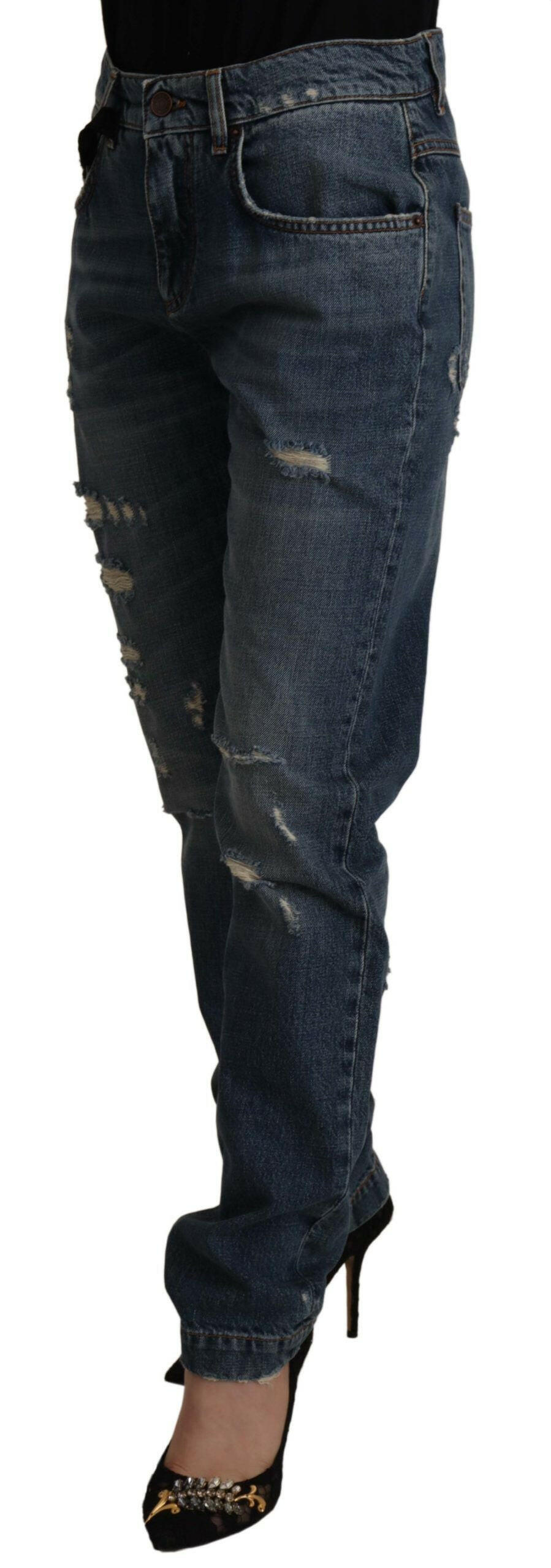 Dolce & Gabbana Blue Denim Baroque Heart Logo Patch Pants Jeans -   -  Dolce & Gabbana.