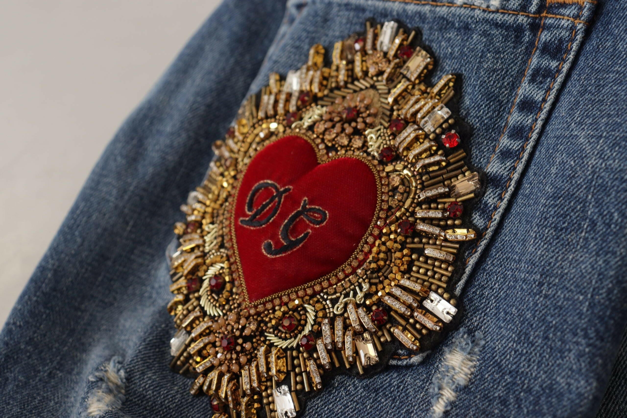 Dolce & Gabbana Blue Denim Baroque Heart Logo Patch Pants Jeans -   -  Dolce & Gabbana.