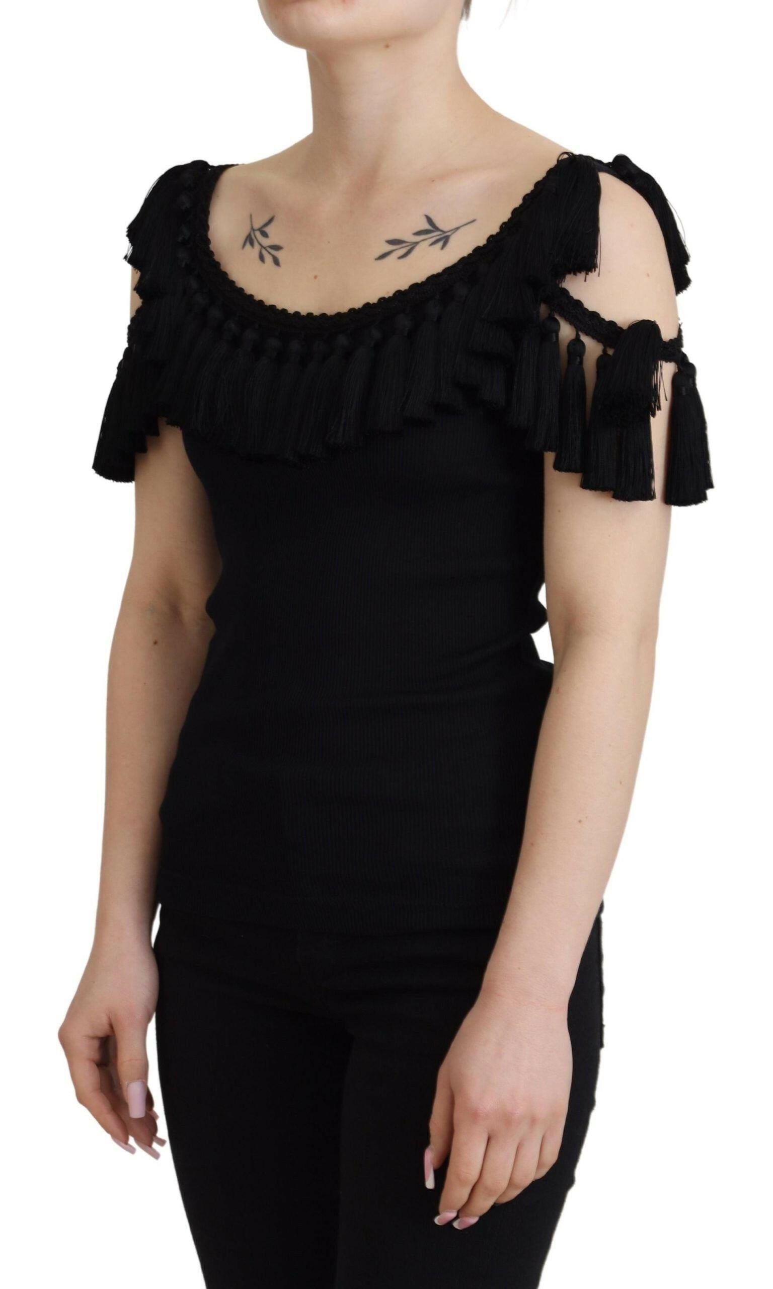 Dolce & Gabbana Black Tank Top Blouse Tassle Cotton Blouse -   -  Dolce & Gabbana.