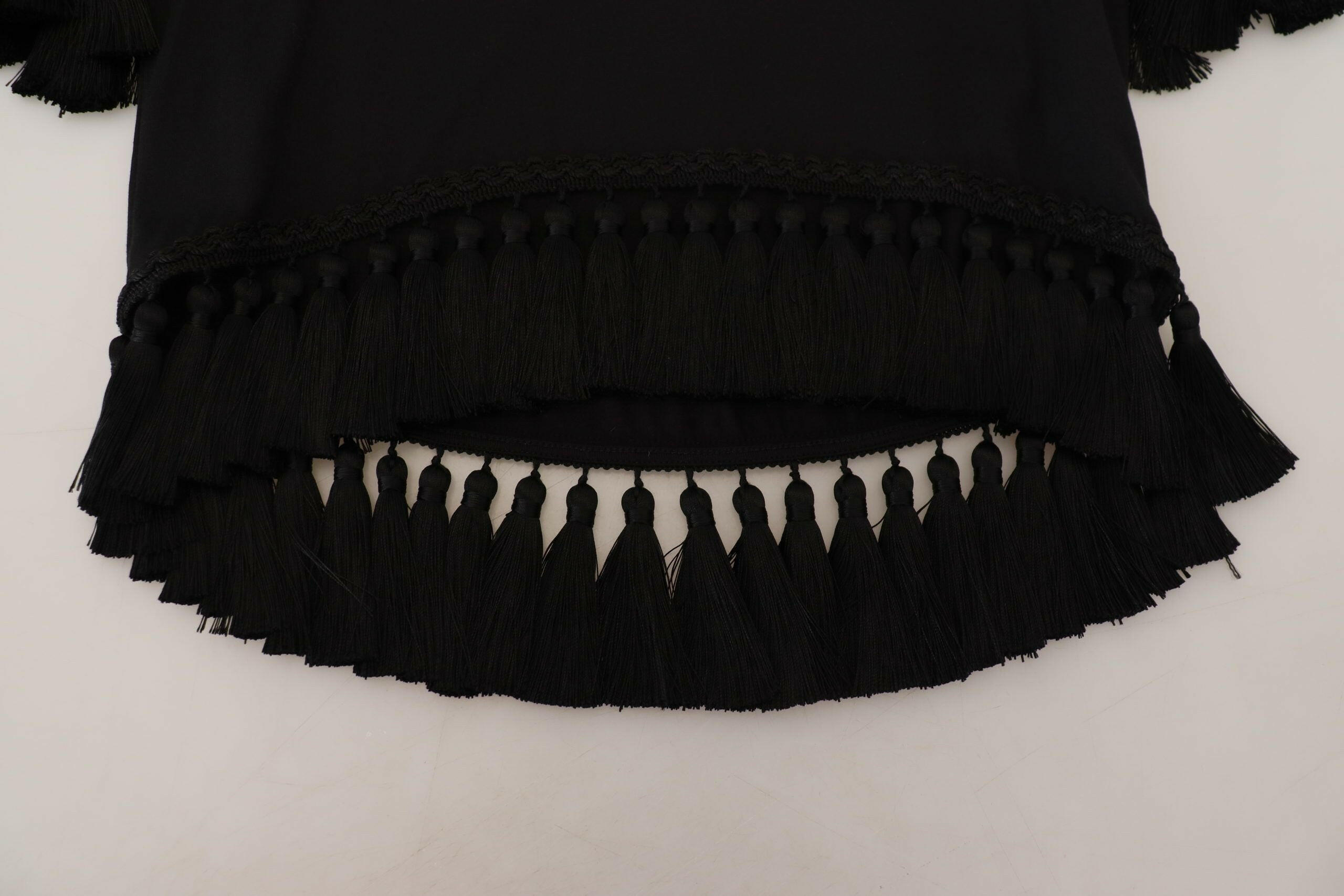 Dolce & Gabbana Black T-shirt Blouse Tassle Cotton Blouse -   -  Dolce & Gabbana.