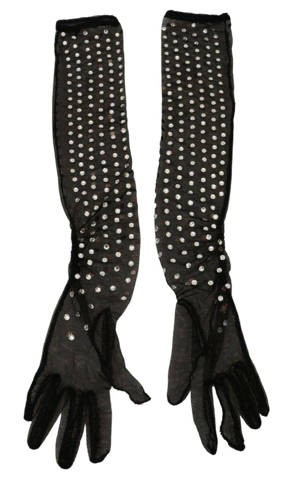 Dolce & Gabbana Black Crystal Elbow Length Cotton Tulle Gloves -   -  Dolce & Gabbana.