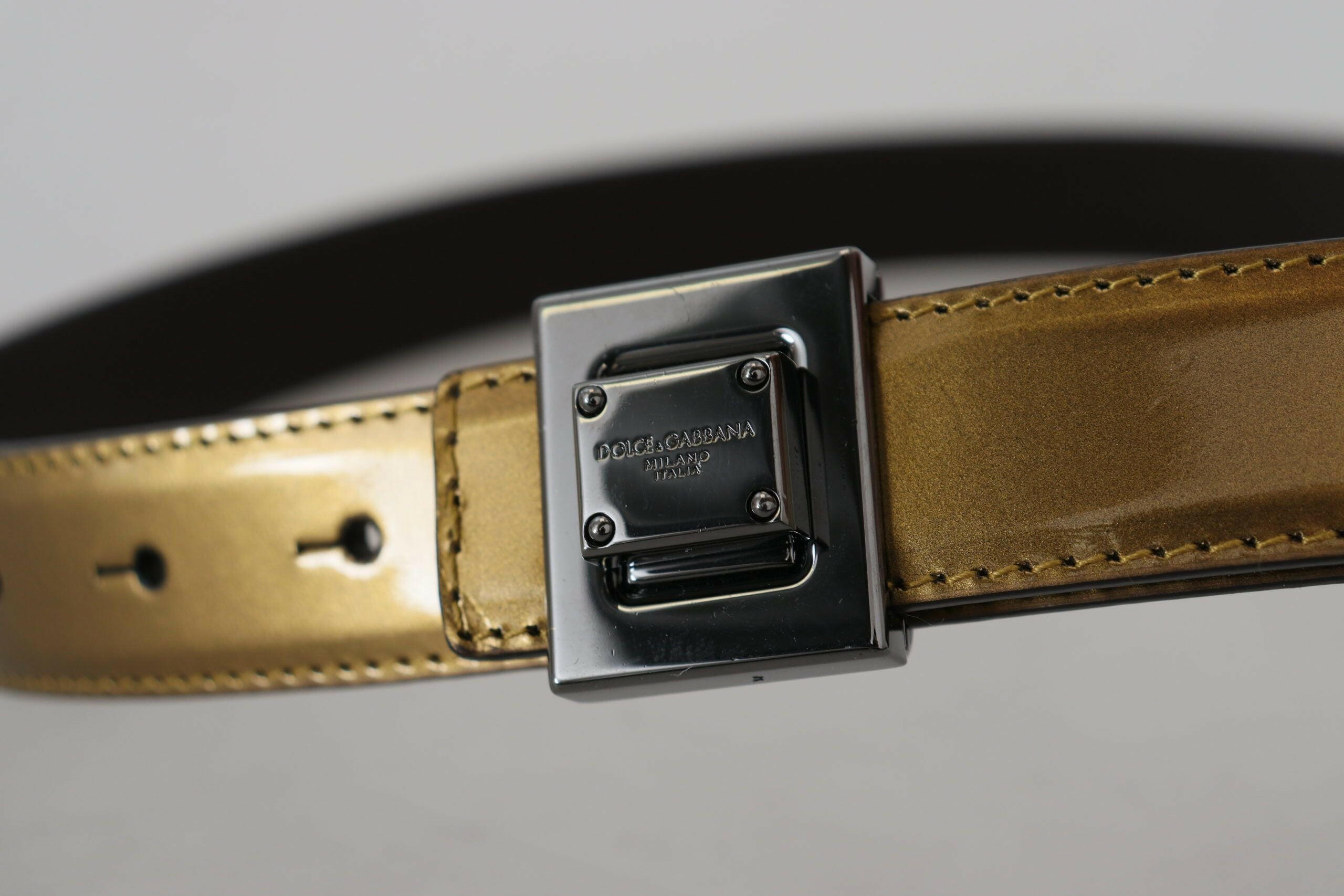 Dolce & Gabbana Gold Leather Silver Square Metal Buckle Belt -   -  Dolce & Gabbana.