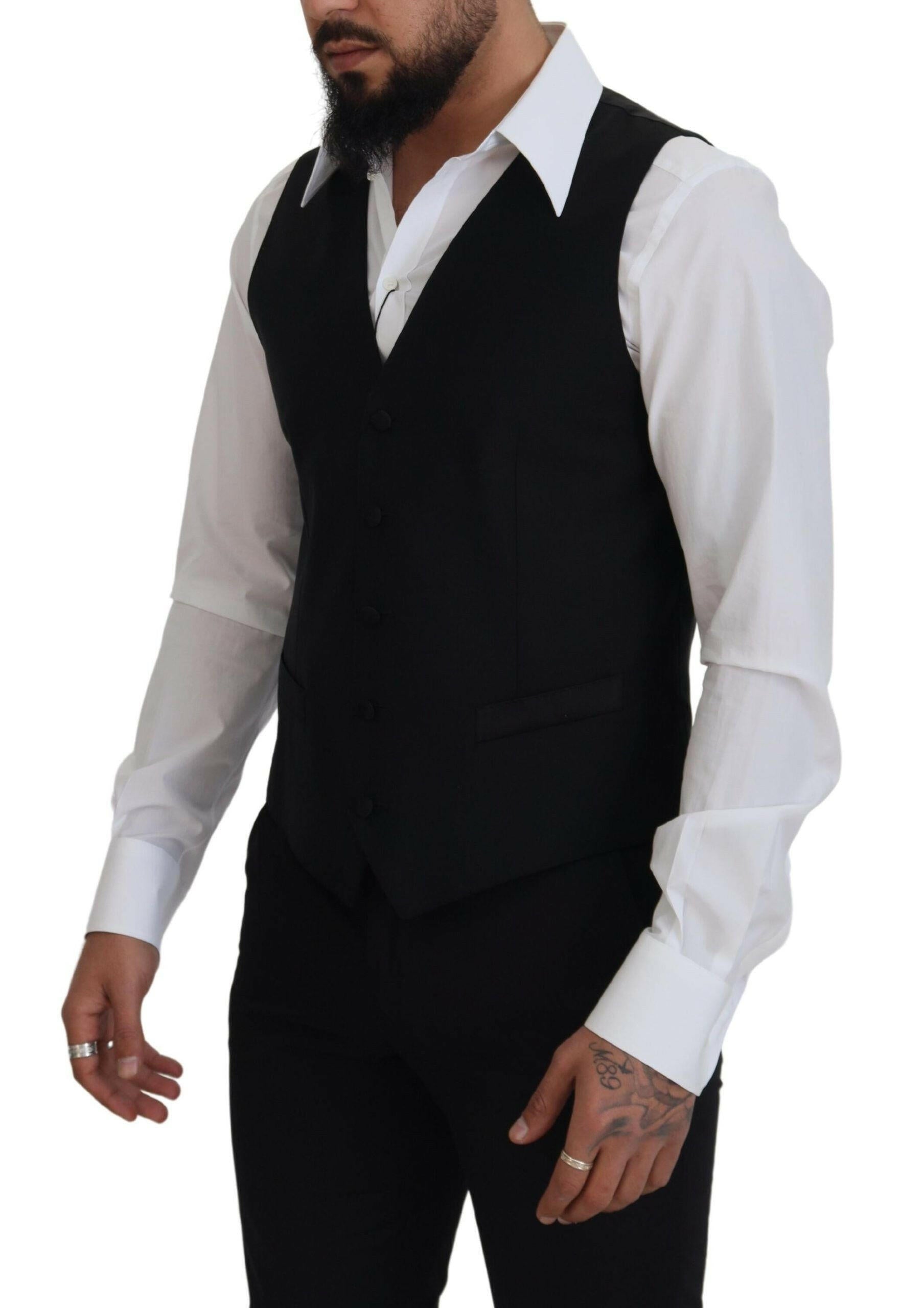 Dolce & Gabbana Black Virgin Wool Waistcoat Formal Dress Vest -  Vests for Men Suits -  Dolce & Gabbana.