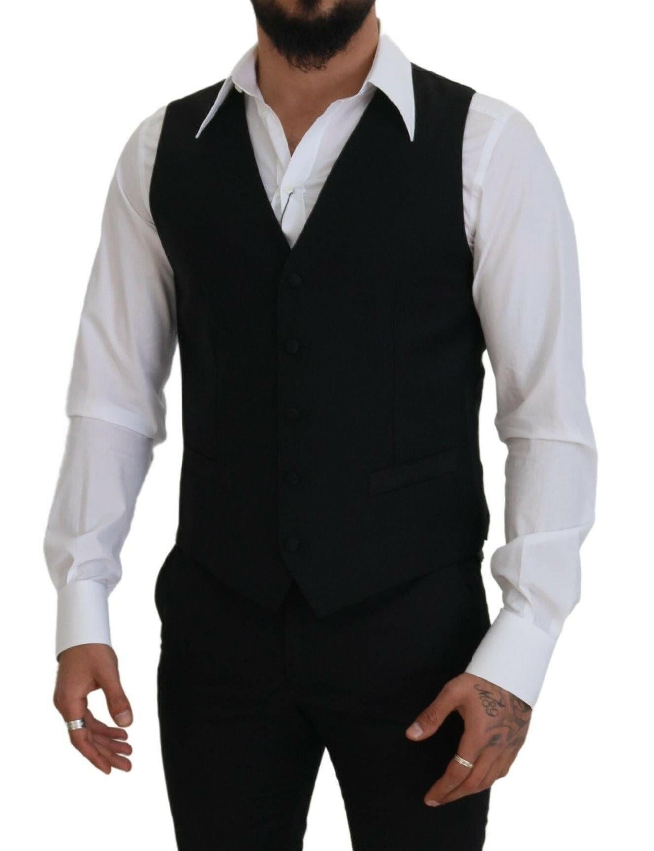 Dolce & Gabbana Black Virgin Wool Waistcoat Formal Dress Vest -  Vests for Men Suits -  Dolce & Gabbana.