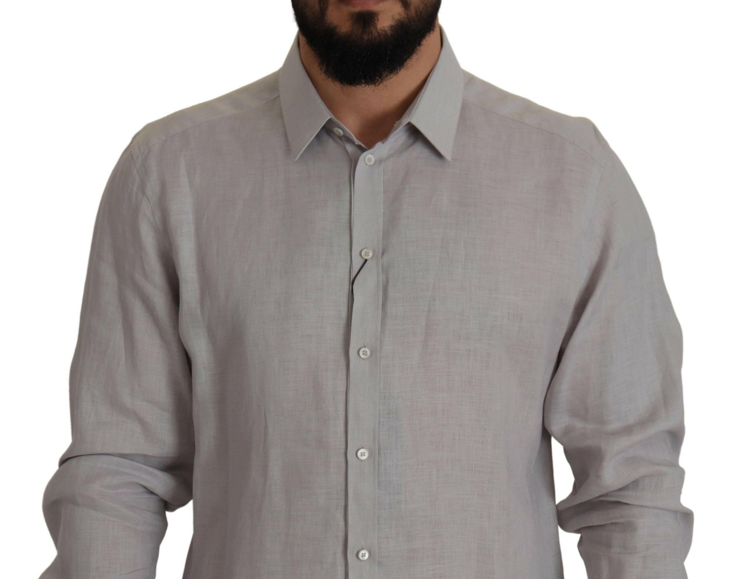 Dolce & Gabbana Gray Linen Long Sleeves Formal GOLD Shirt -   -  Dolce & Gabbana.