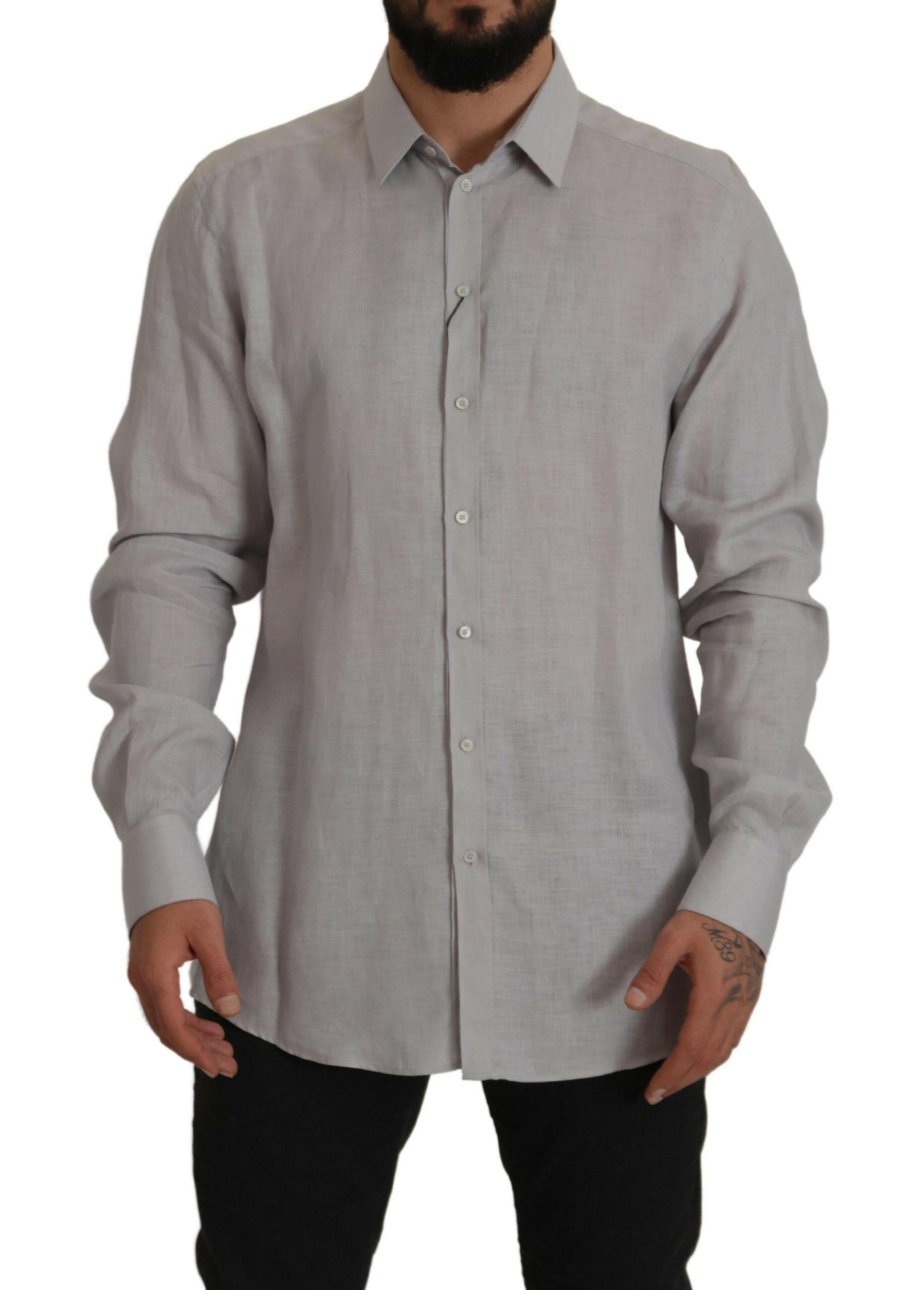 Dolce & Gabbana Gray Linen Long Sleeves Formal GOLD Shirt -   -  Dolce & Gabbana.