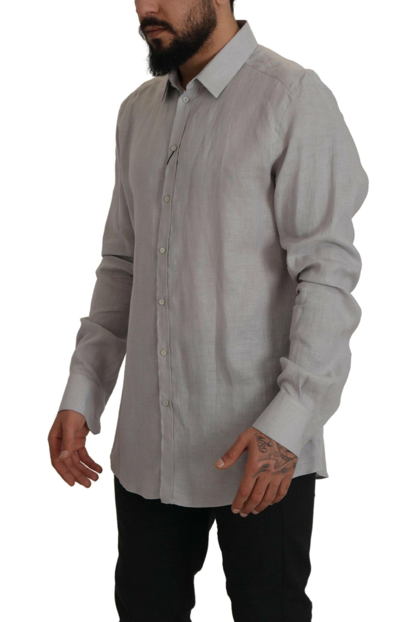 Dolce & Gabbana Gray Linen Long Sleeves Formal GOLD Shirt -   -  Dolce & Gabbana.
