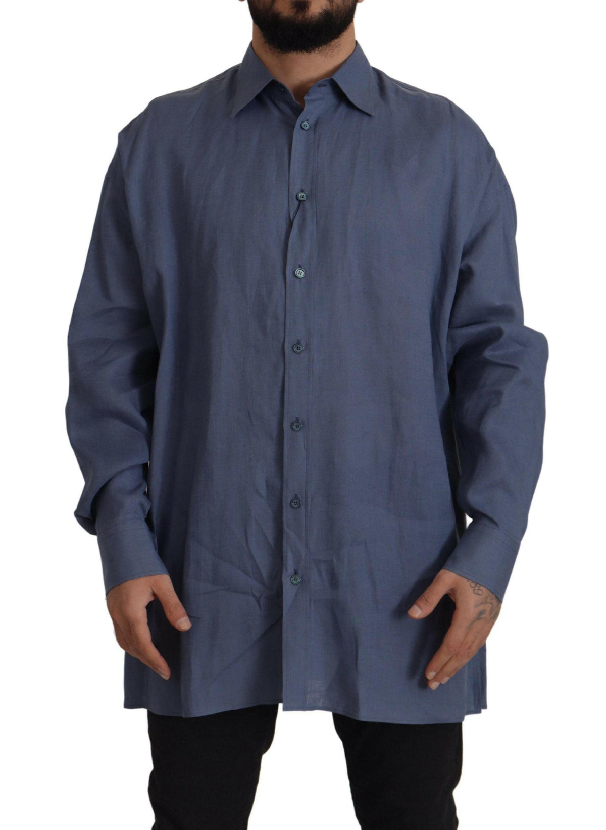 Dolce & Gabbana Dark Blue Linen Slim Fit Dress Formal Men Shirt -   -  Dolce & Gabbana.