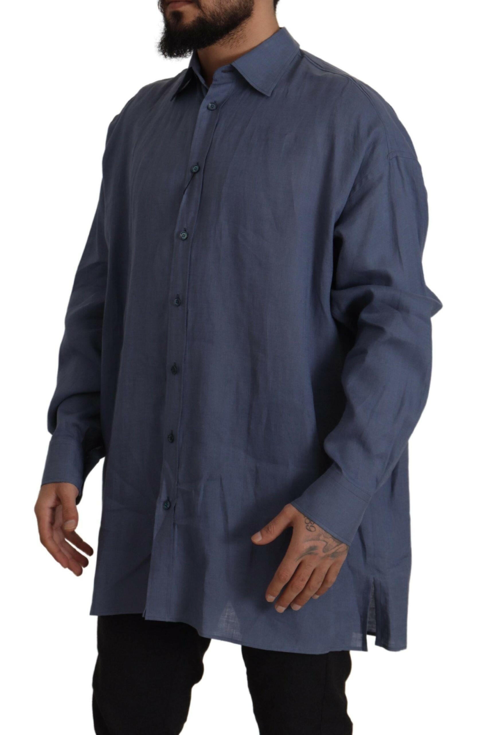 Dolce & Gabbana Dark Blue Linen Slim Fit Dress Formal Men Shirt -   -  Dolce & Gabbana.