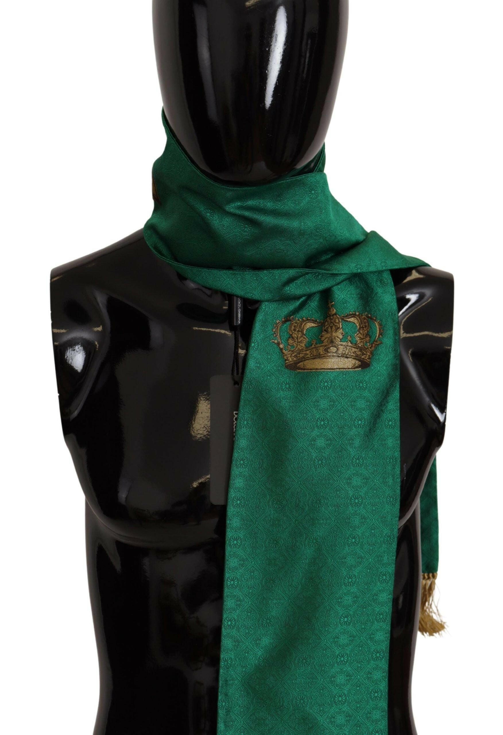 Dolce & Gabbana Green Crown Embroidered Shawl Fringe Blend Silk -   -  Dolce & Gabbana.