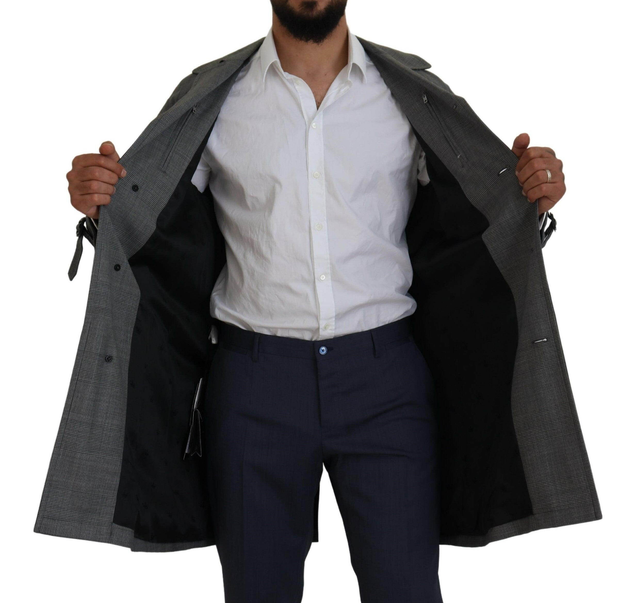 Dolce & Gabbana Gray Wool Plaid Long Trench Coat Jacket Trench Coat Jacket -   -  Dolce & Gabbana.