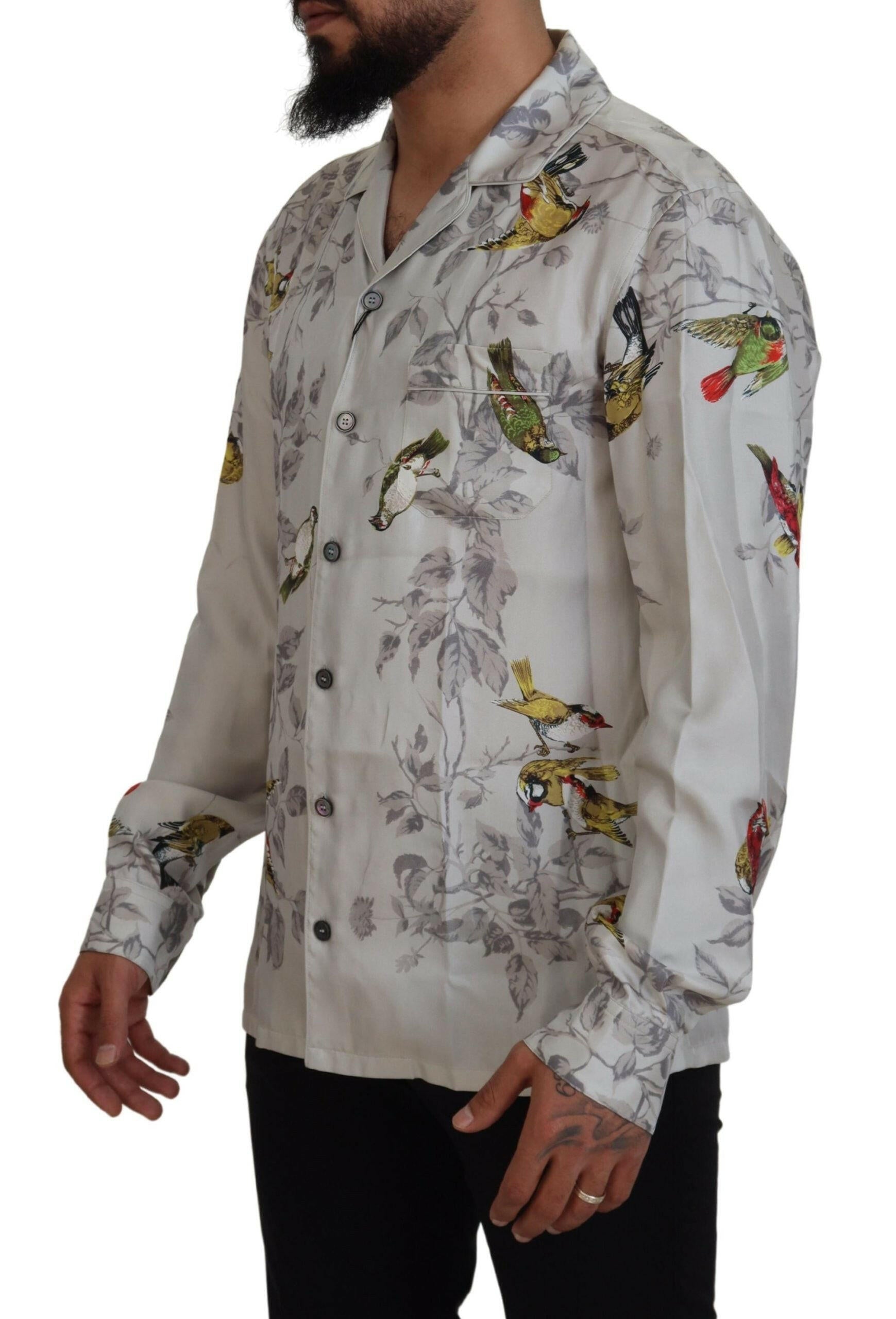 Dolce & Gabbana White Bird Print Silk Satin Casual Shirt -   -  Dolce & Gabbana.