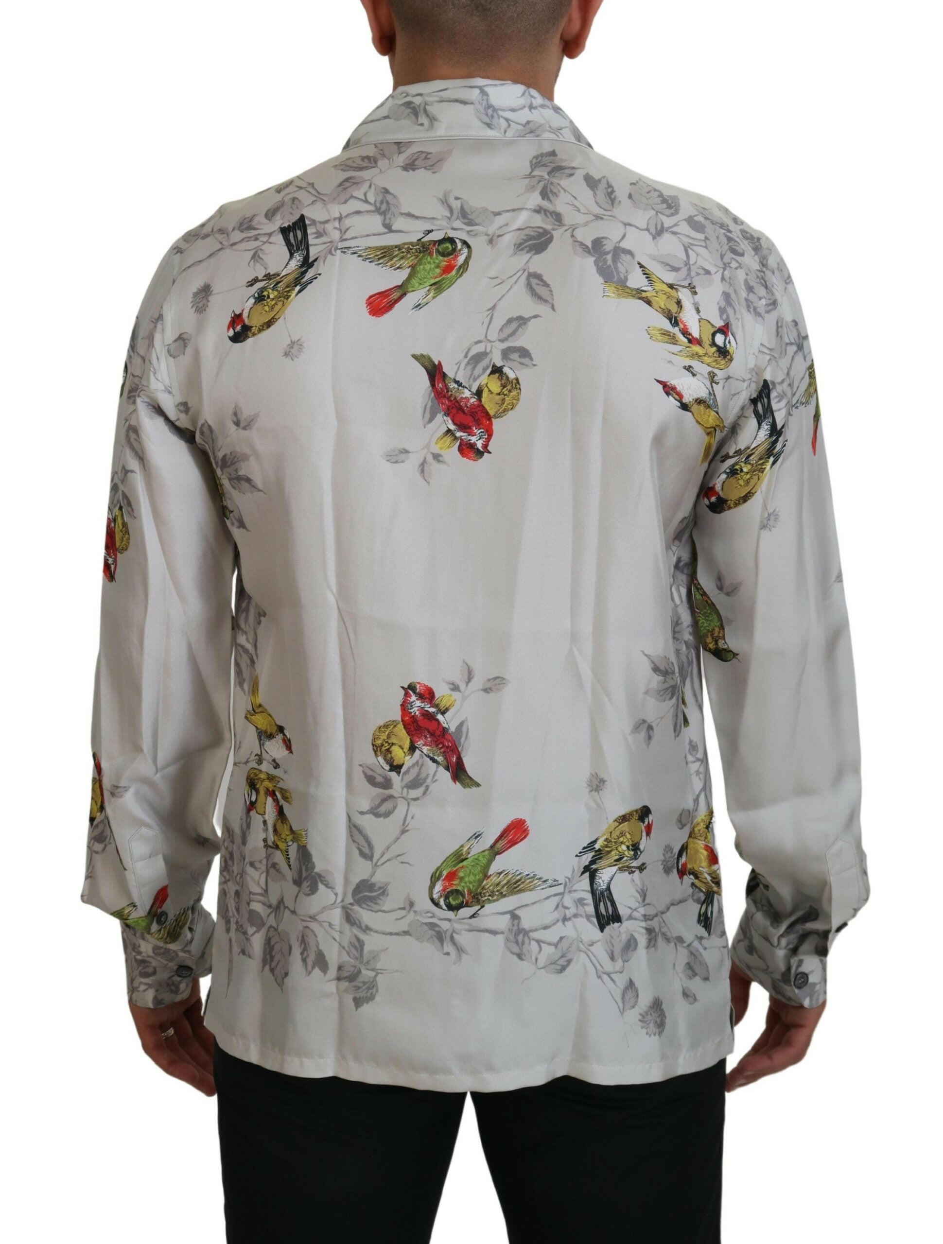 Dolce & Gabbana White Bird Print Silk Satin Casual Shirt -   -  Dolce & Gabbana.