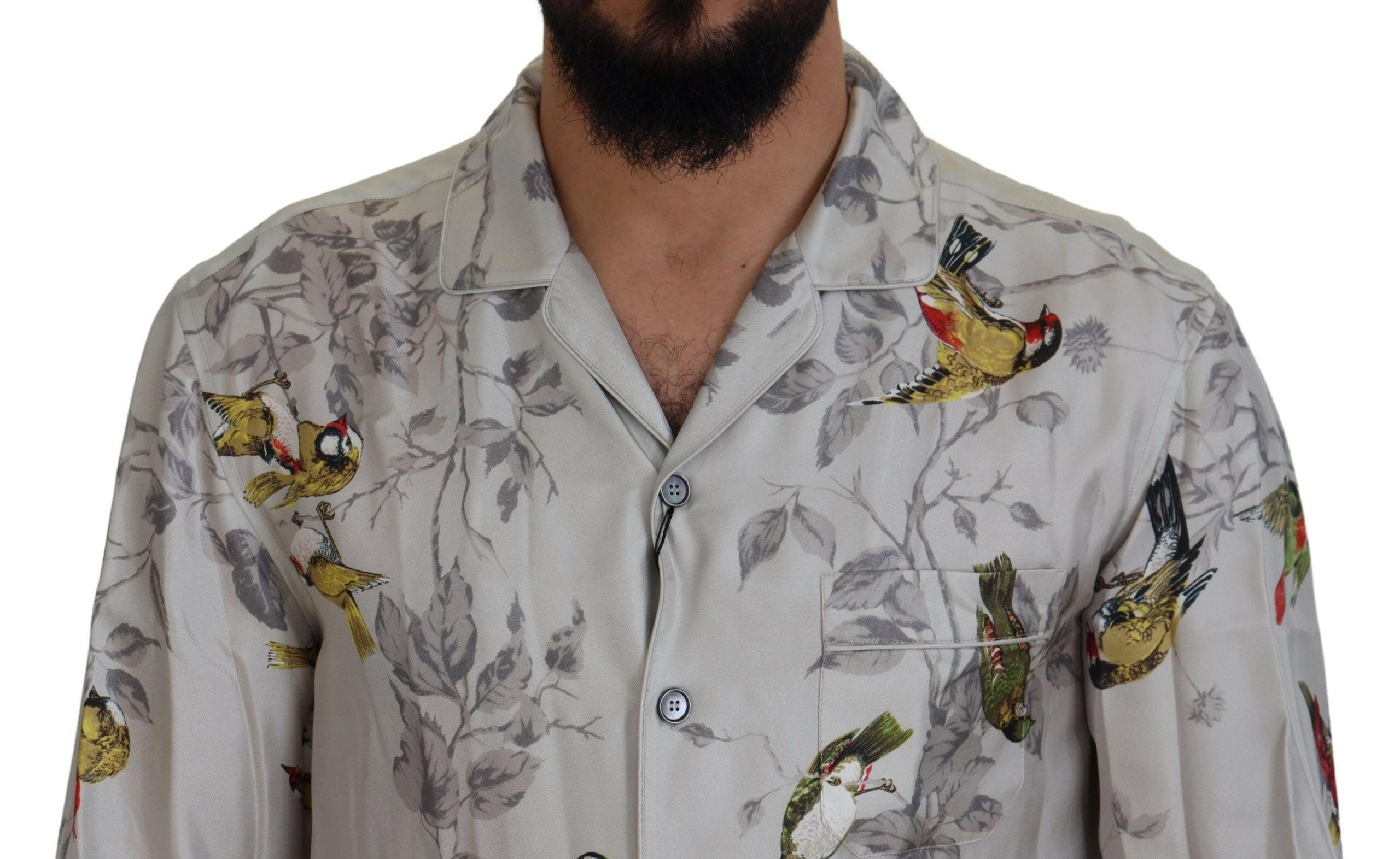 Dolce & Gabbana White Bird Print Silk Satin Casual Shirt -   -  Dolce & Gabbana.