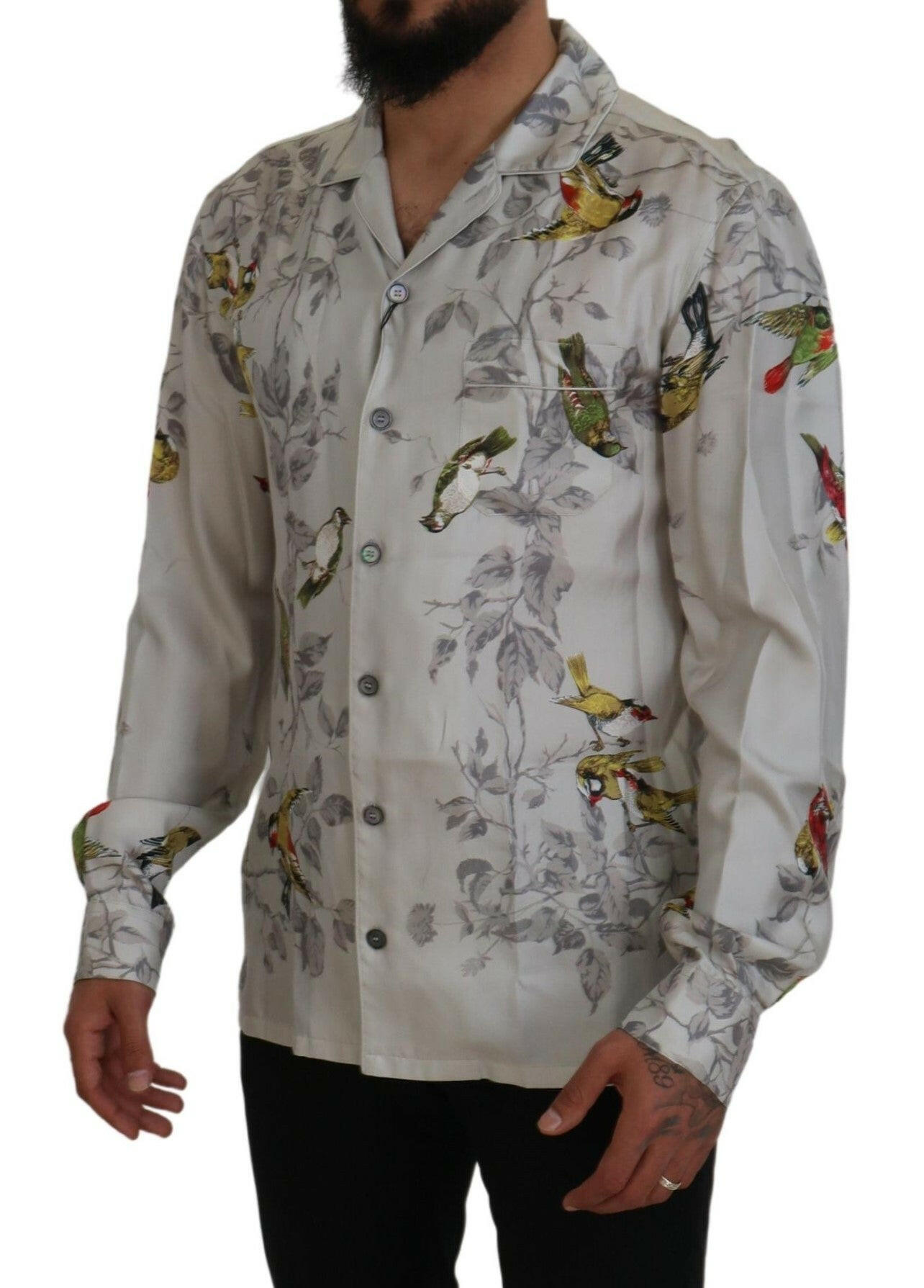 Dolce & Gabbana White Bird Print Silk Satin Casual Shirt -   -  Dolce & Gabbana.
