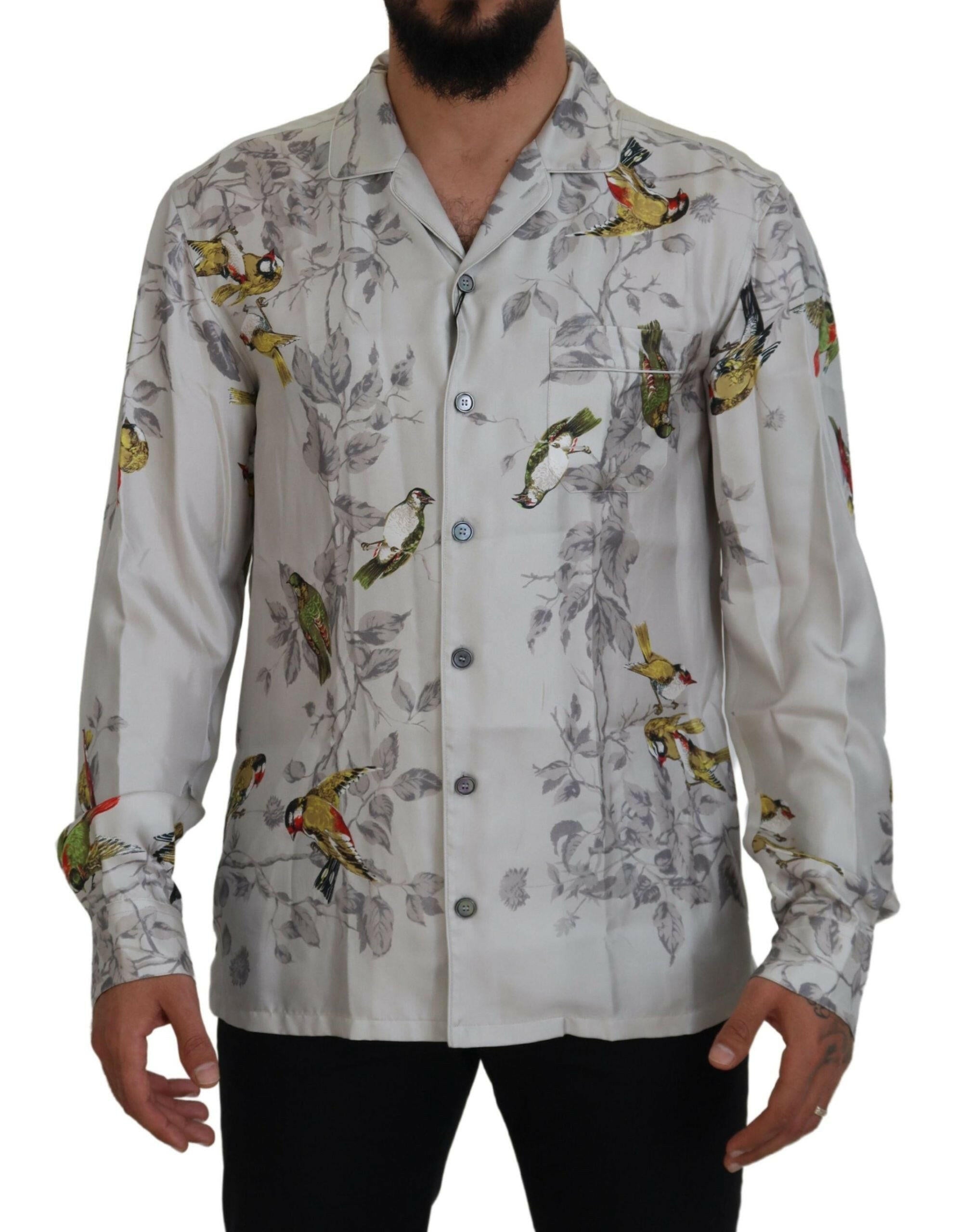 Dolce & Gabbana White Bird Print Silk Satin Casual Shirt -   -  Dolce & Gabbana.