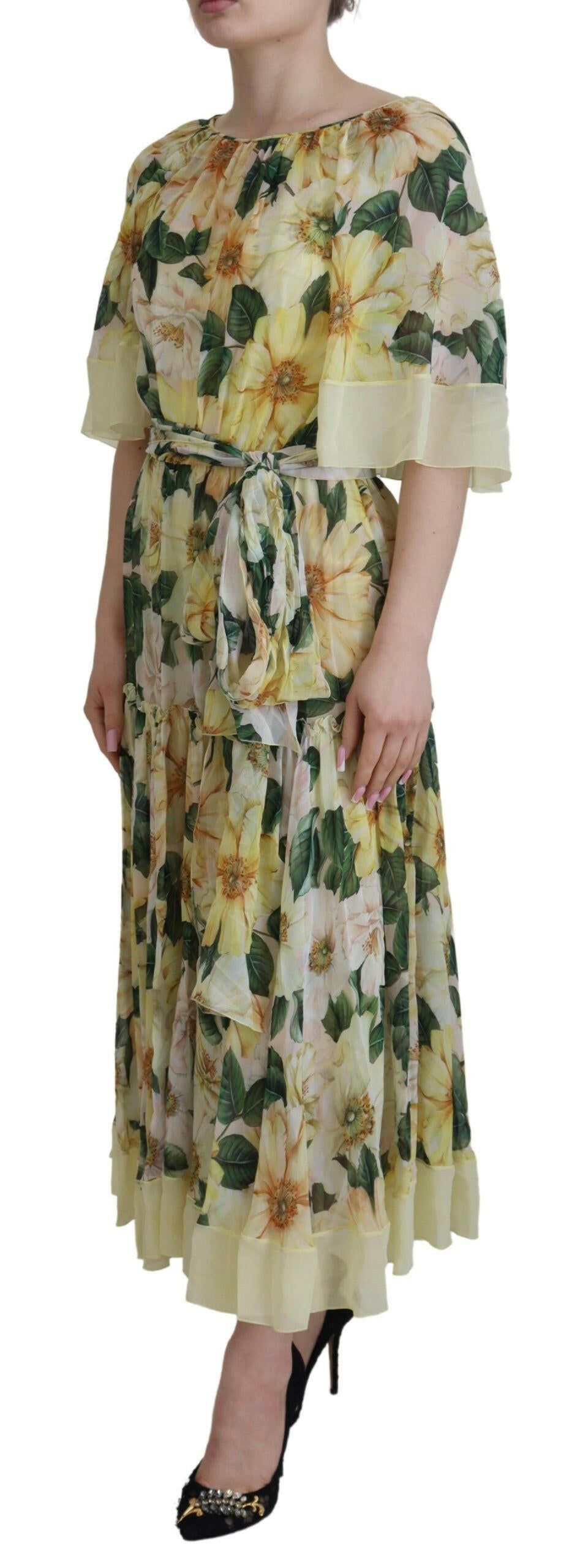 Dolce & Gabbana Yellow Floral Print Pleated Maxi Silk Dress -   -  Dolce & Gabbana.