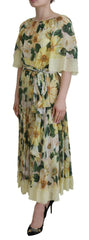 Dolce & Gabbana Yellow Floral Print Pleated Maxi Silk Dress -   -  Dolce & Gabbana.
