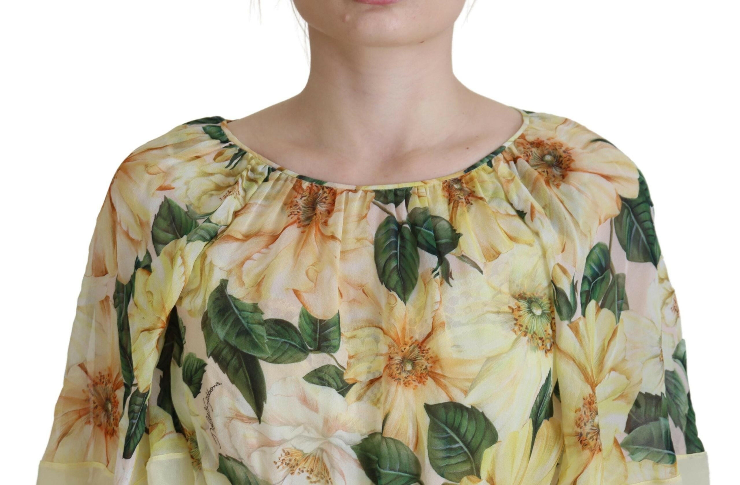 Dolce & Gabbana Yellow Floral Print Pleated Maxi Silk Dress -   -  Dolce & Gabbana.