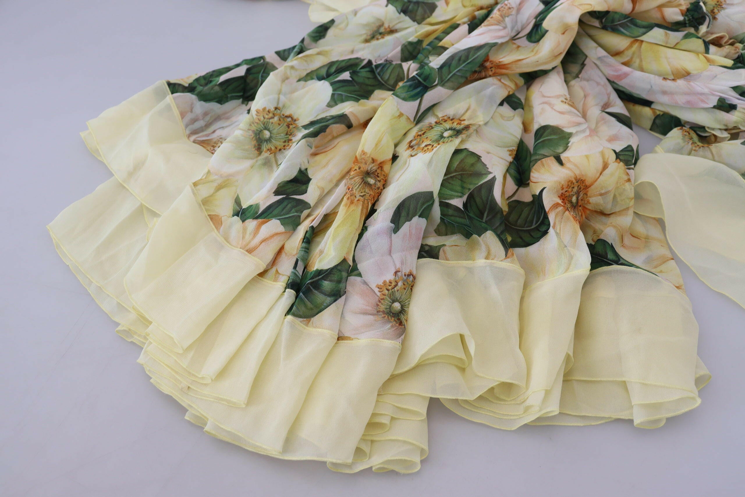 Dolce & Gabbana Yellow Floral Print Pleated Maxi Silk Dress -   -  Dolce & Gabbana.