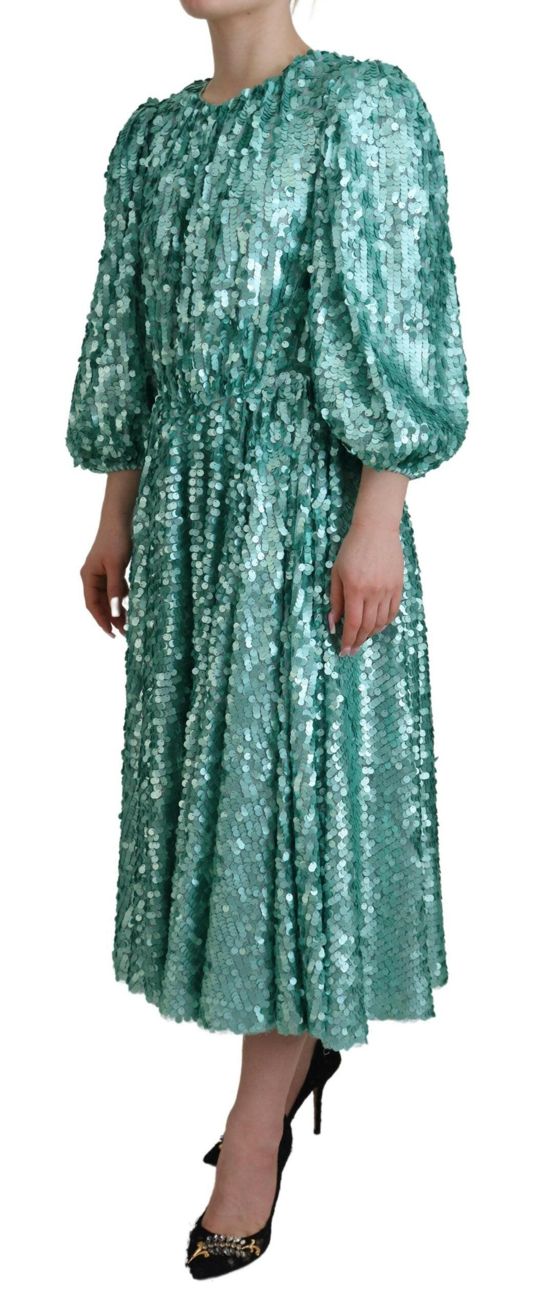 Dolce & Gabbana Blue Sequined Pleated Aline Midi Nylon Dress -   -  Dolce & Gabbana.