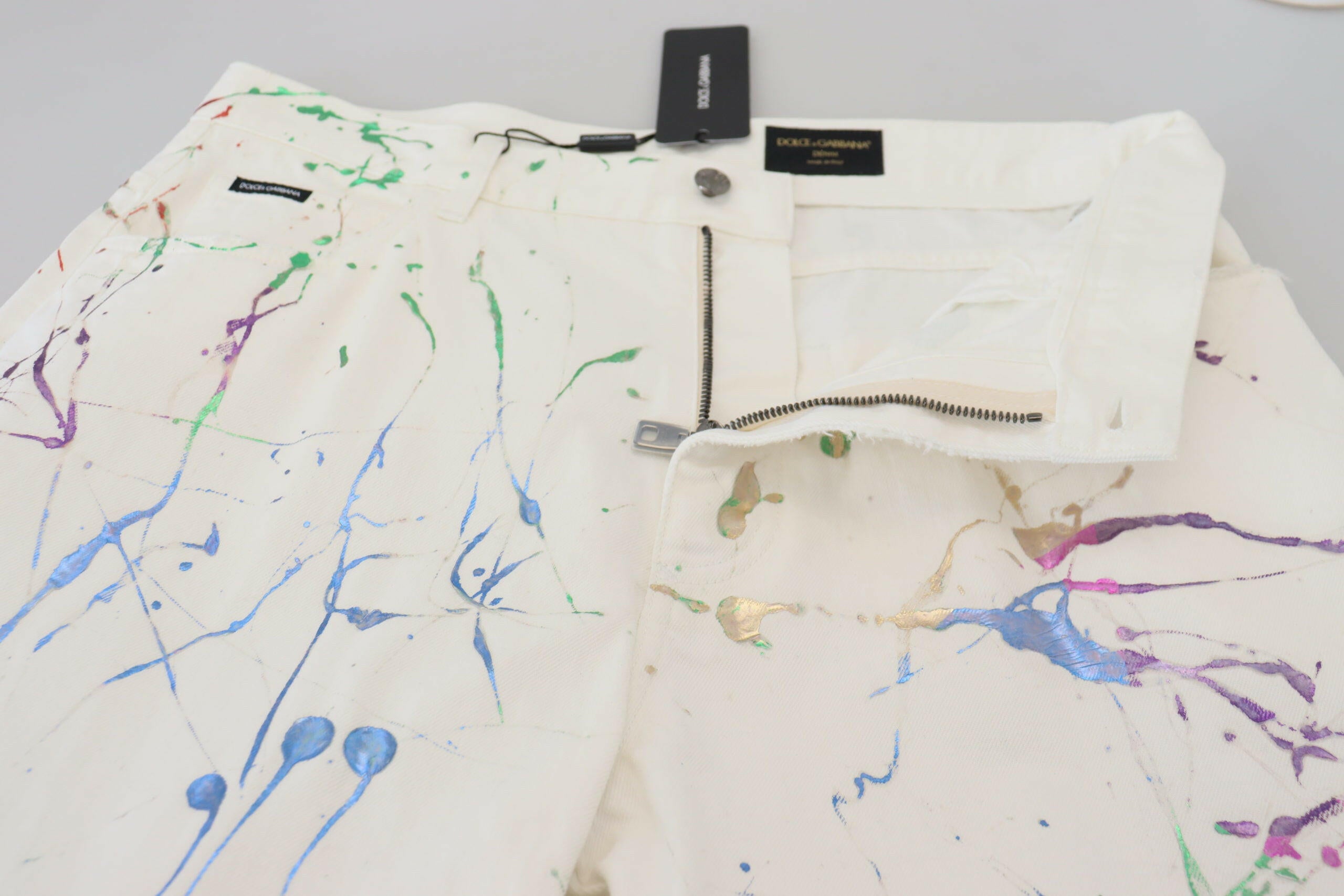 Dolce & Gabbana White Cotton Color Splash Print Denim Pants -   -  Dolce & Gabbana.