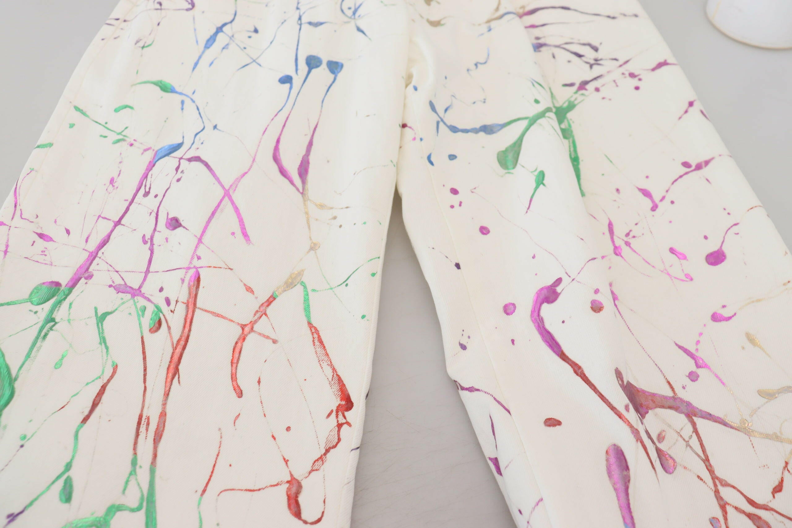 Dolce & Gabbana White Cotton Color Splash Print Denim Pants -   -  Dolce & Gabbana.