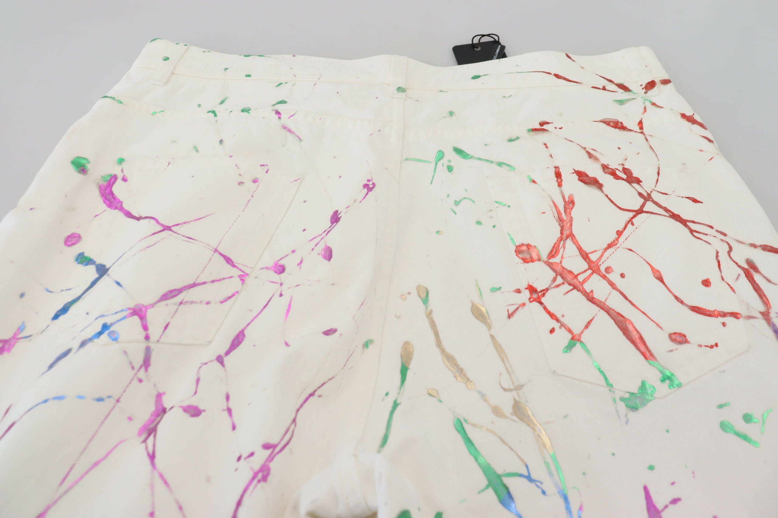 Dolce & Gabbana White Cotton Color Splash Print Denim Pants -   -  Dolce & Gabbana.