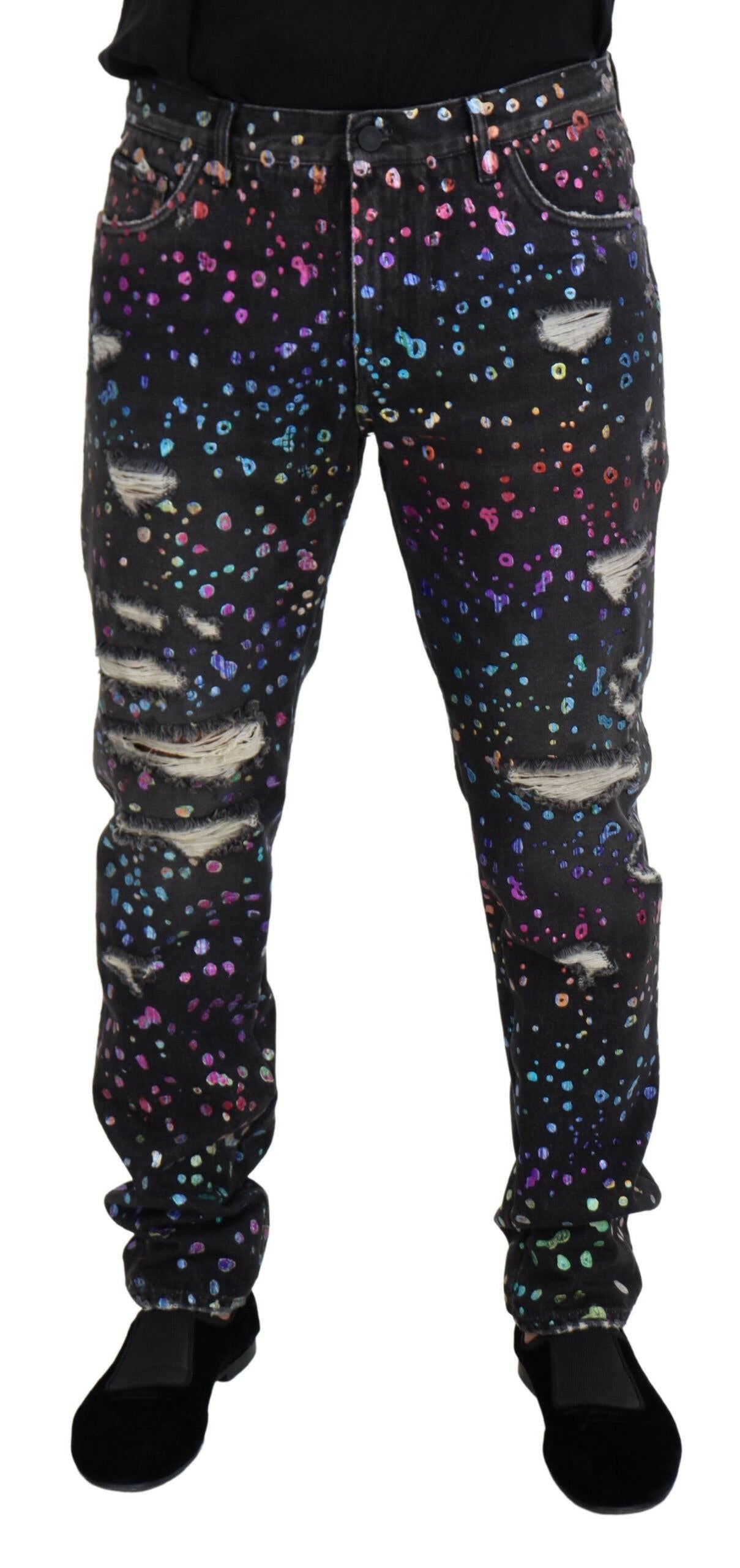 Dolce & Gabbana Black Multicolor Print Tattered Denim Jeans -   -  Dolce & Gabbana.