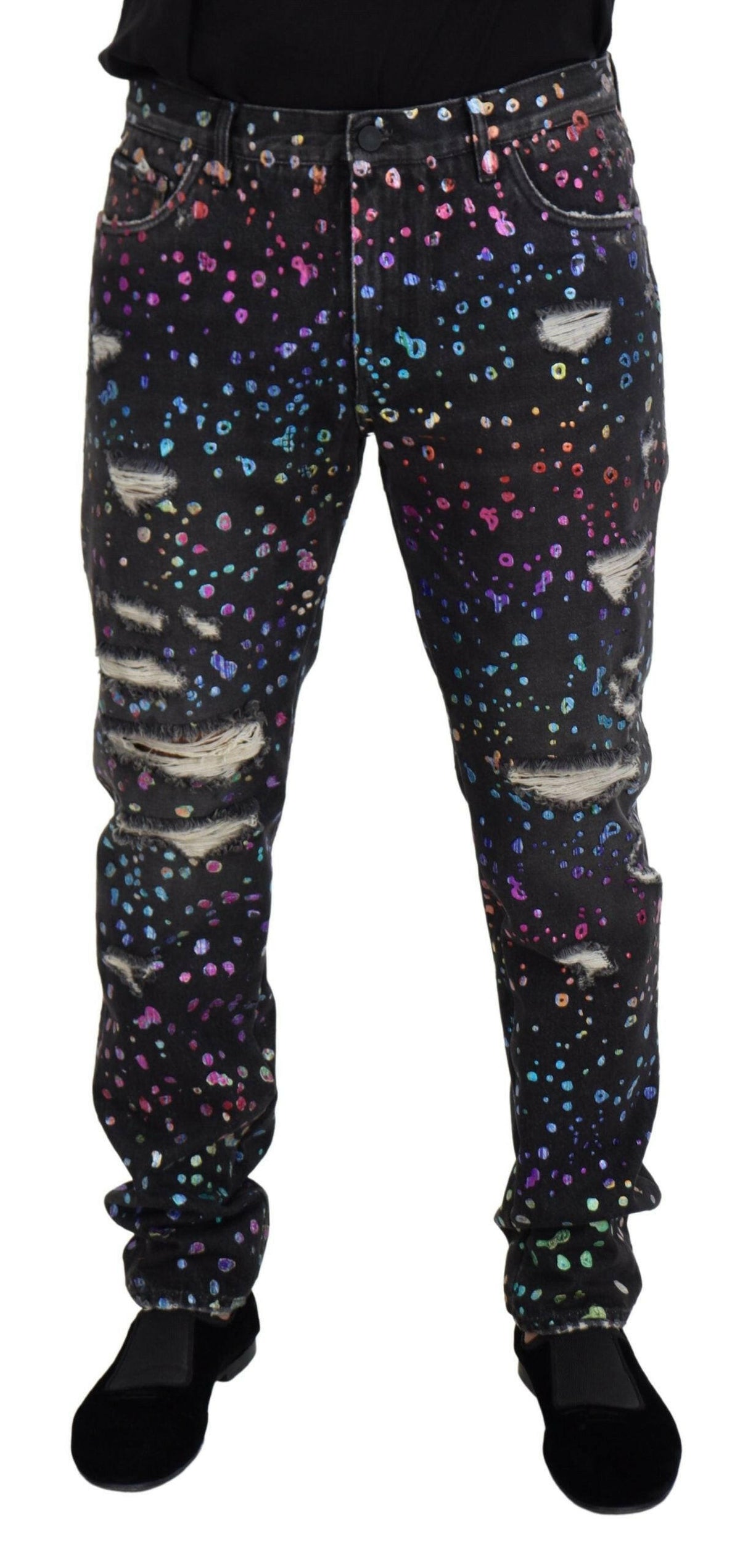 Dolce & Gabbana Black Multicolor Print Tattered Denim Jeans -   -  Dolce & Gabbana.