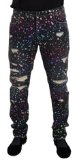 Dolce & Gabbana Black Multicolor Print Tattered Denim Jeans -   -  Dolce & Gabbana.
