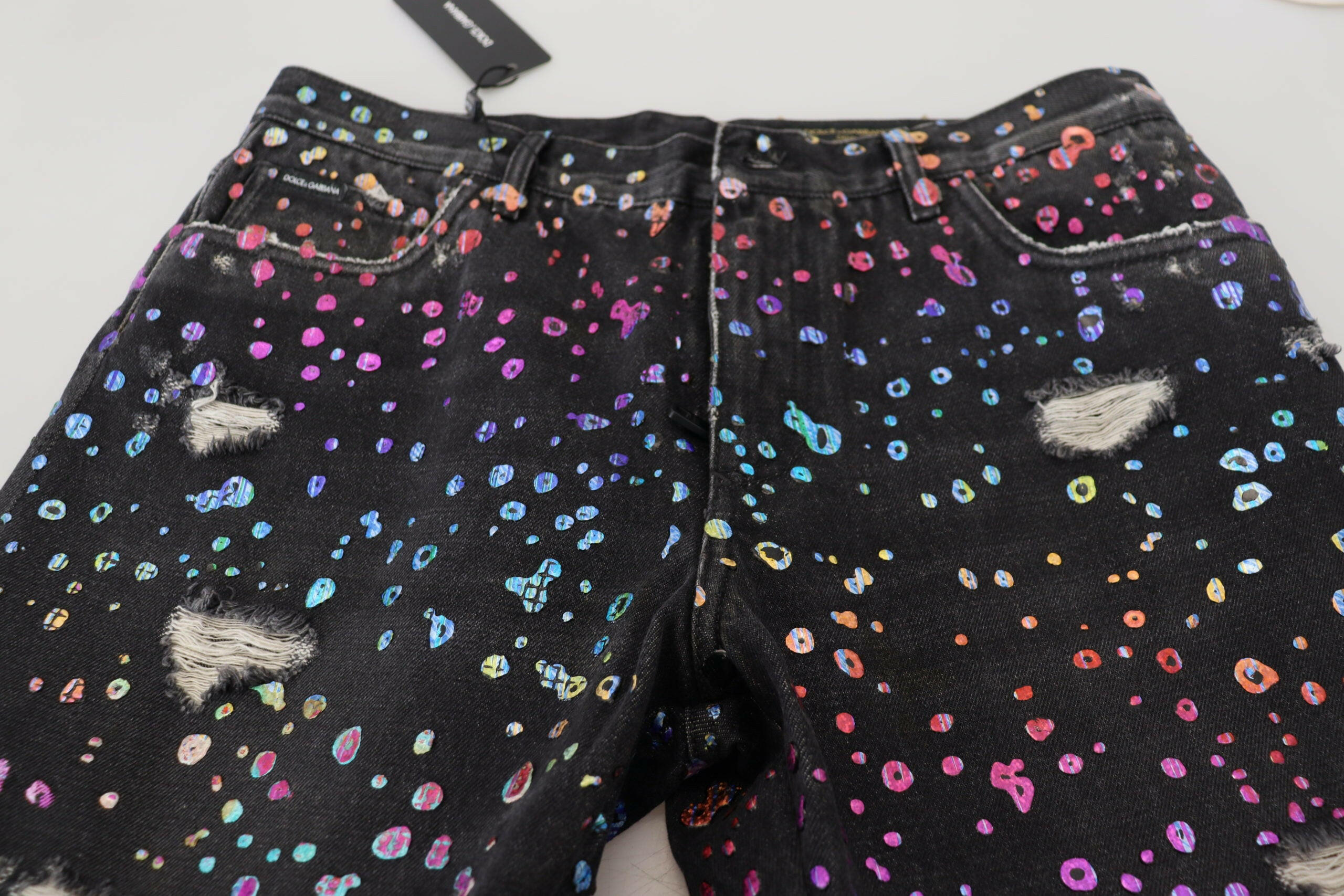Dolce & Gabbana Black Multicolor Print Tattered Denim Jeans -   -  Dolce & Gabbana.