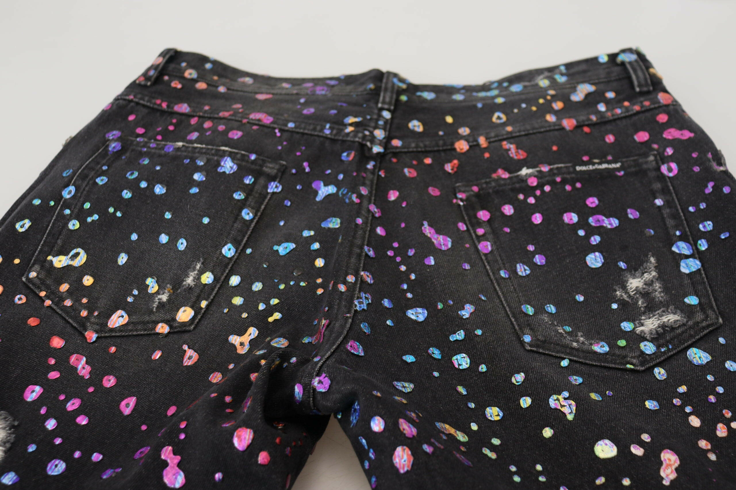 Dolce & Gabbana Black Multicolor Print Tattered Denim Jeans -   -  Dolce & Gabbana.