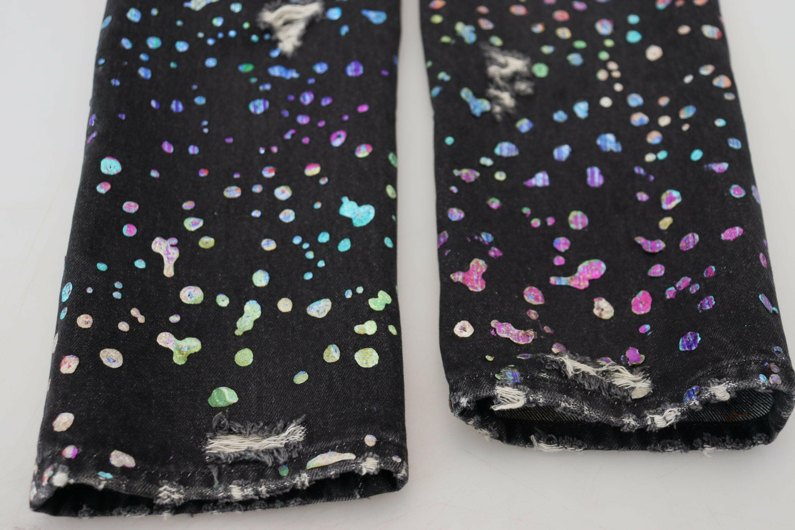 Dolce & Gabbana Black Multicolor Print Tattered Denim Jeans -   -  Dolce & Gabbana.
