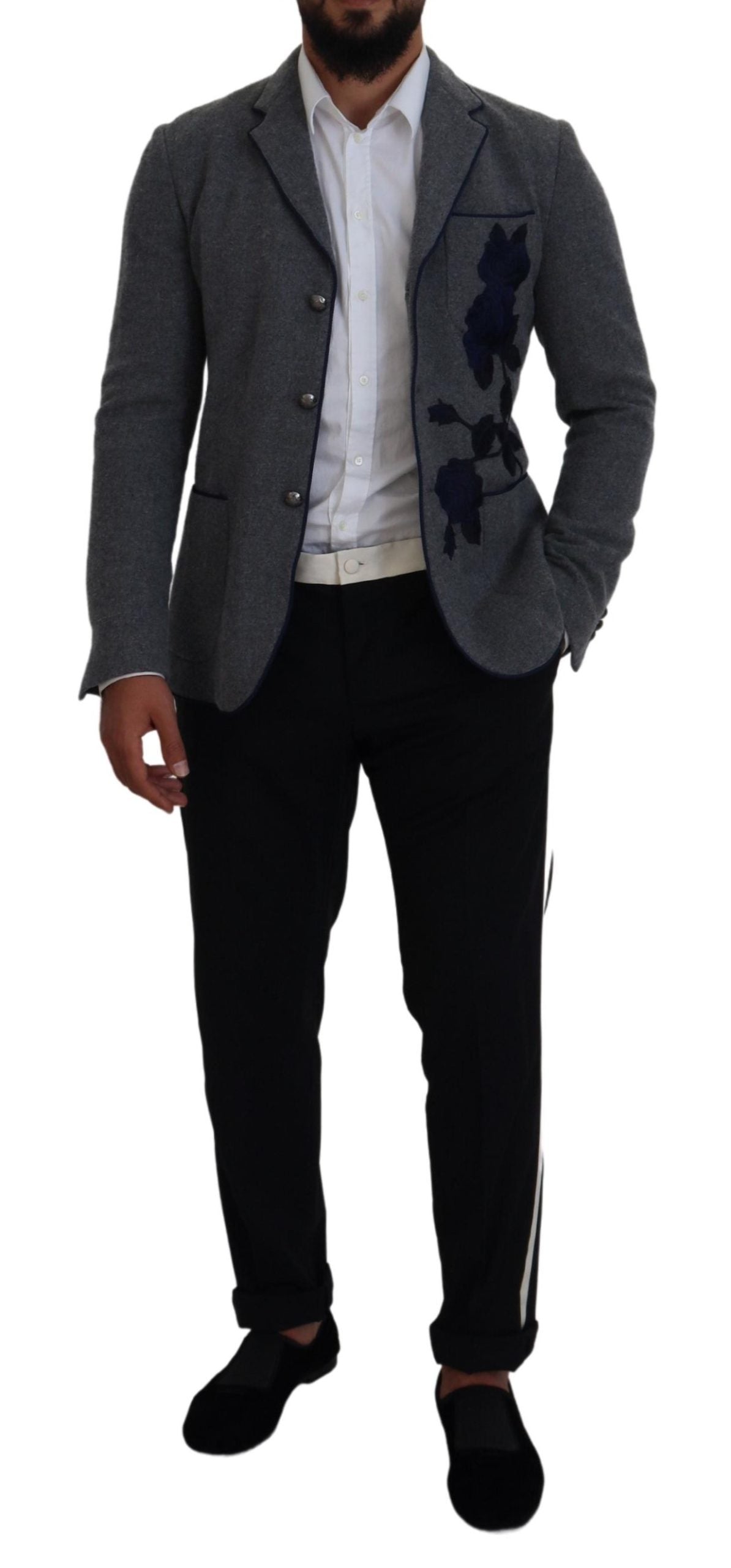 Dolce & Gabbana Gray Wool Roses Slim Fit Jacket Blazer -   -  Dolce & Gabbana.