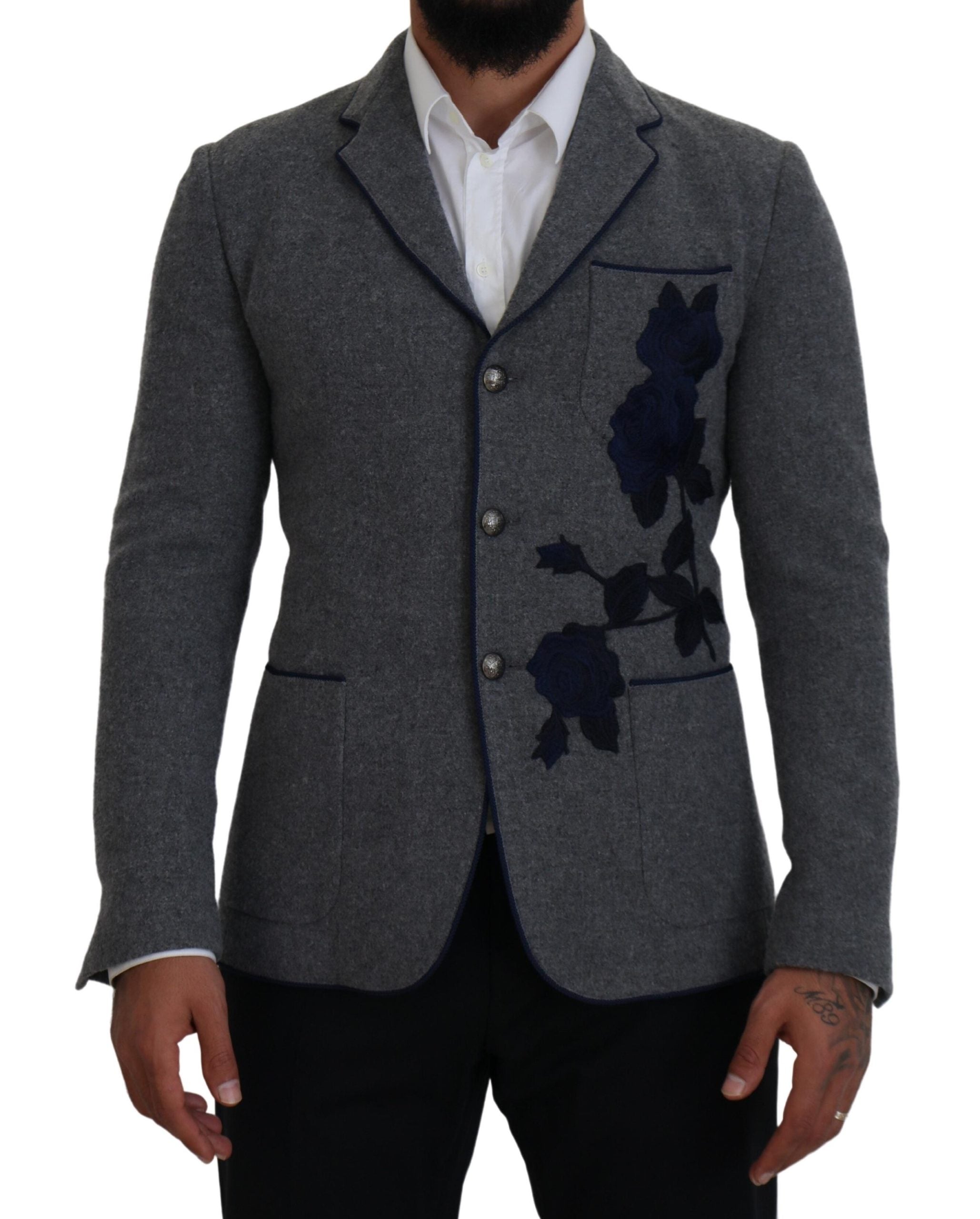 Dolce & Gabbana Gray Wool Roses Slim Fit Jacket Blazer -   -  Dolce & Gabbana.