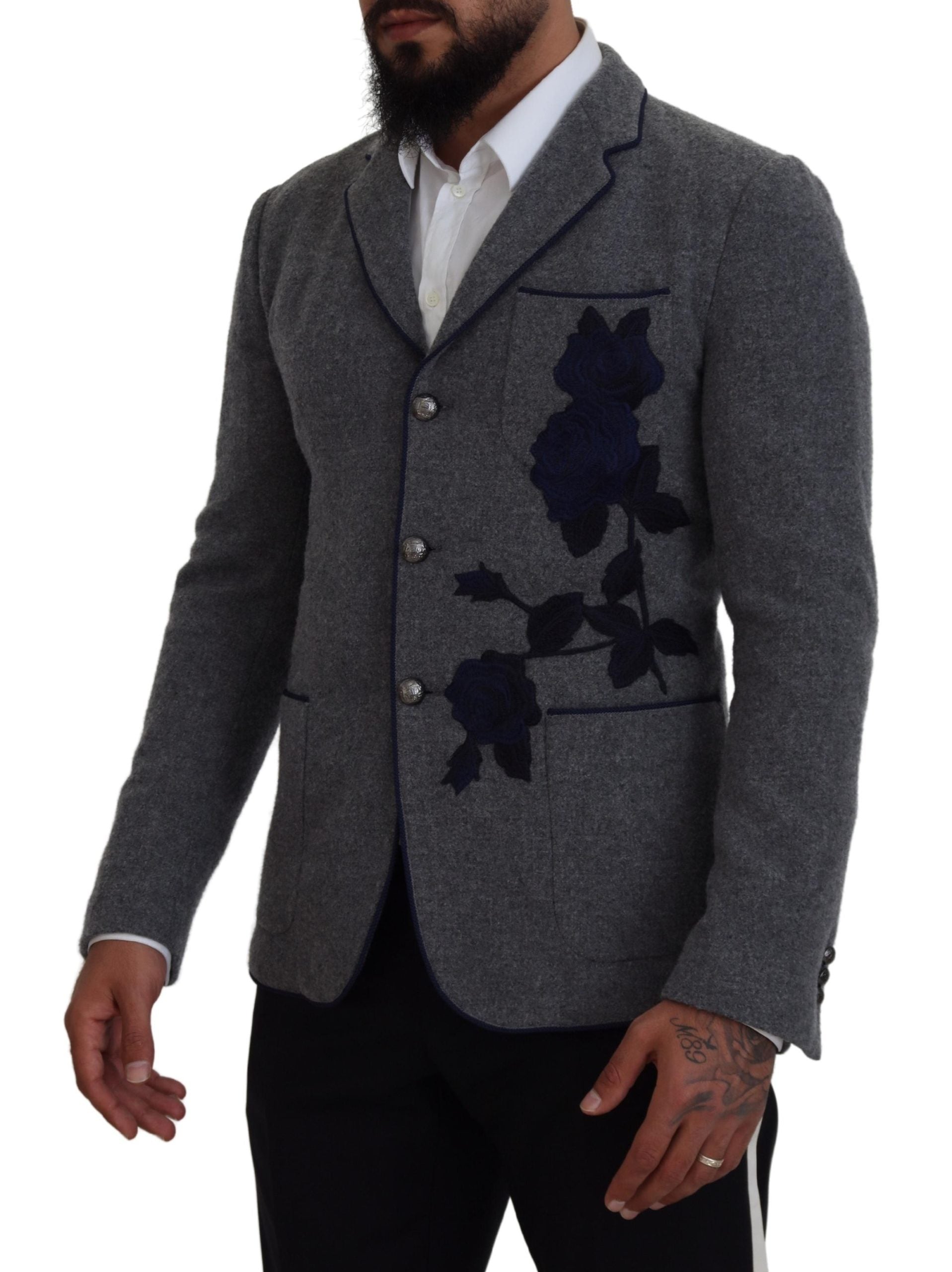 Dolce & Gabbana Gray Wool Roses Slim Fit Jacket Blazer -   -  Dolce & Gabbana.