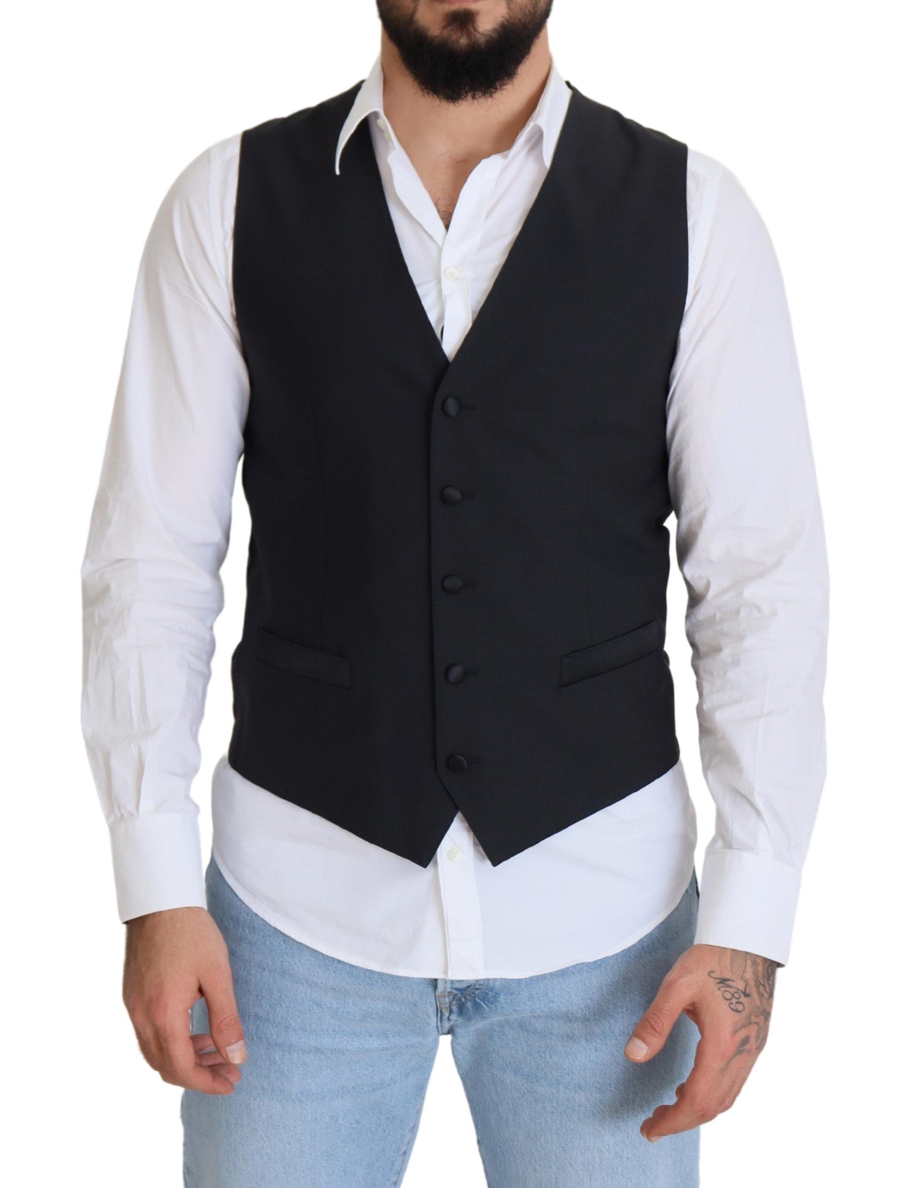 Dolce & Gabbana Black Wool Stretch Waistcoat Formal Vest -  Vests for Men Suits -  Dolce & Gabbana.